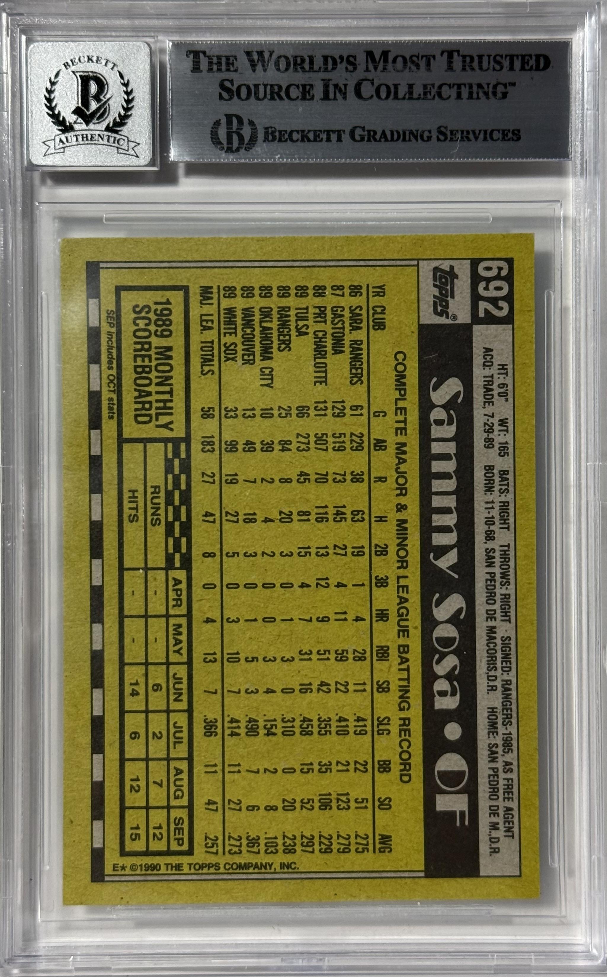 1990 Topps Sammy Sosa Chicago White Sox Topps #692 Rookie BGS 10 Autograph
