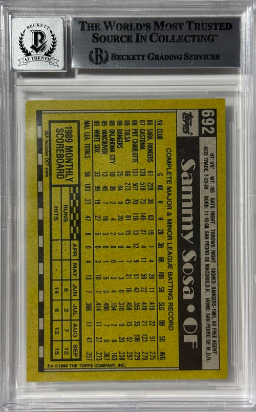 1990 Topps Sammy Sosa Chicago White Sox Topps #692 Rookie BGS 10 Autograph