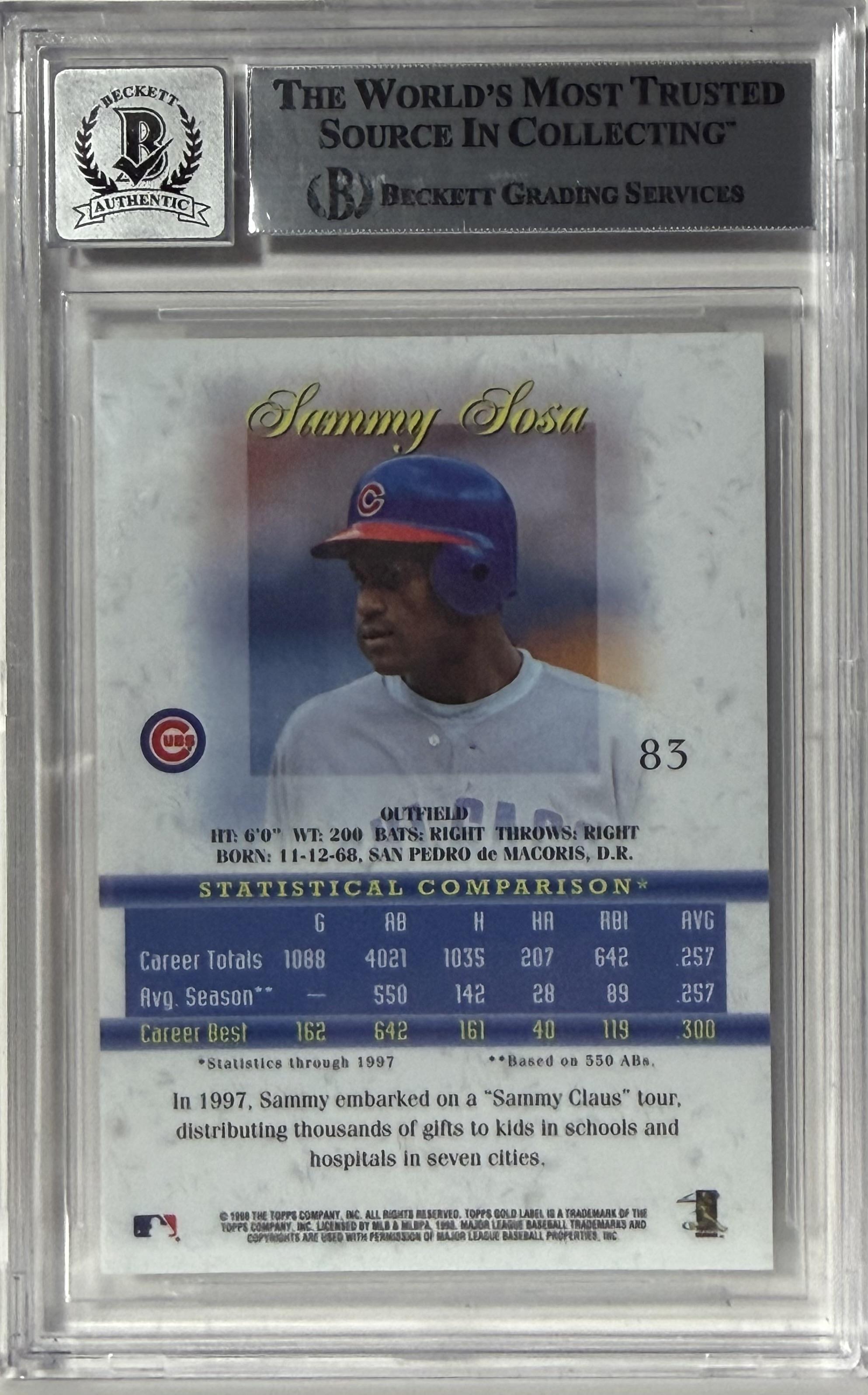 1998 Topps Gold Label - Sammy Sosa Chicago Cubs #83 BGS 10 Auto