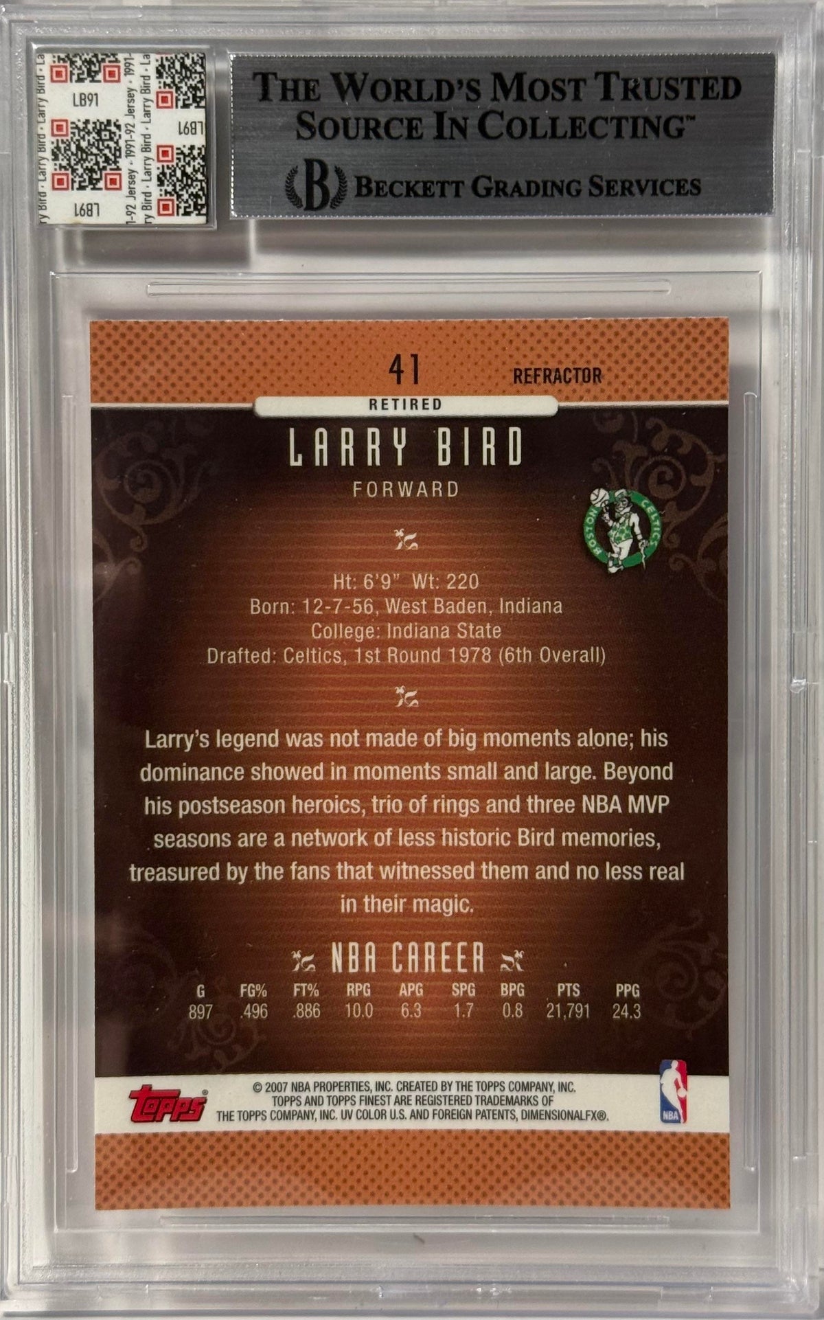 2006-07 Finest #41 Larry Bird Game Used Swatch Jersey Fusion BGS Authenticated