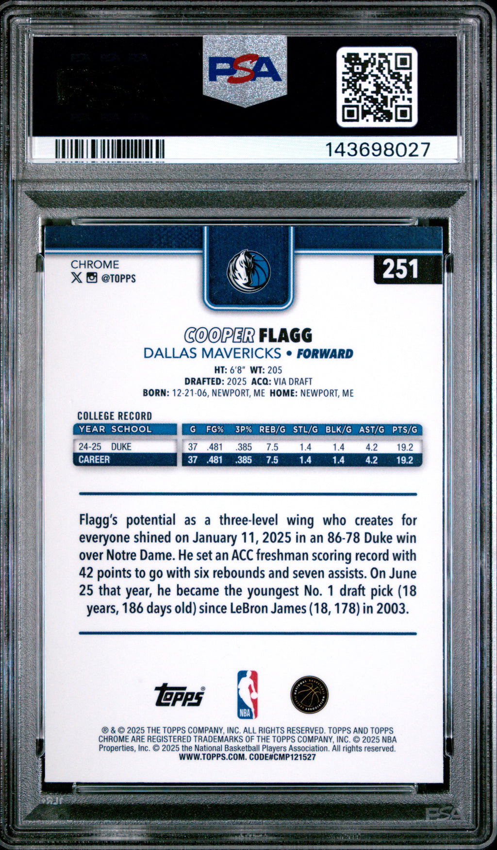 2025 Topps Chrome Topps #251 Cooper Flagg PSA 9