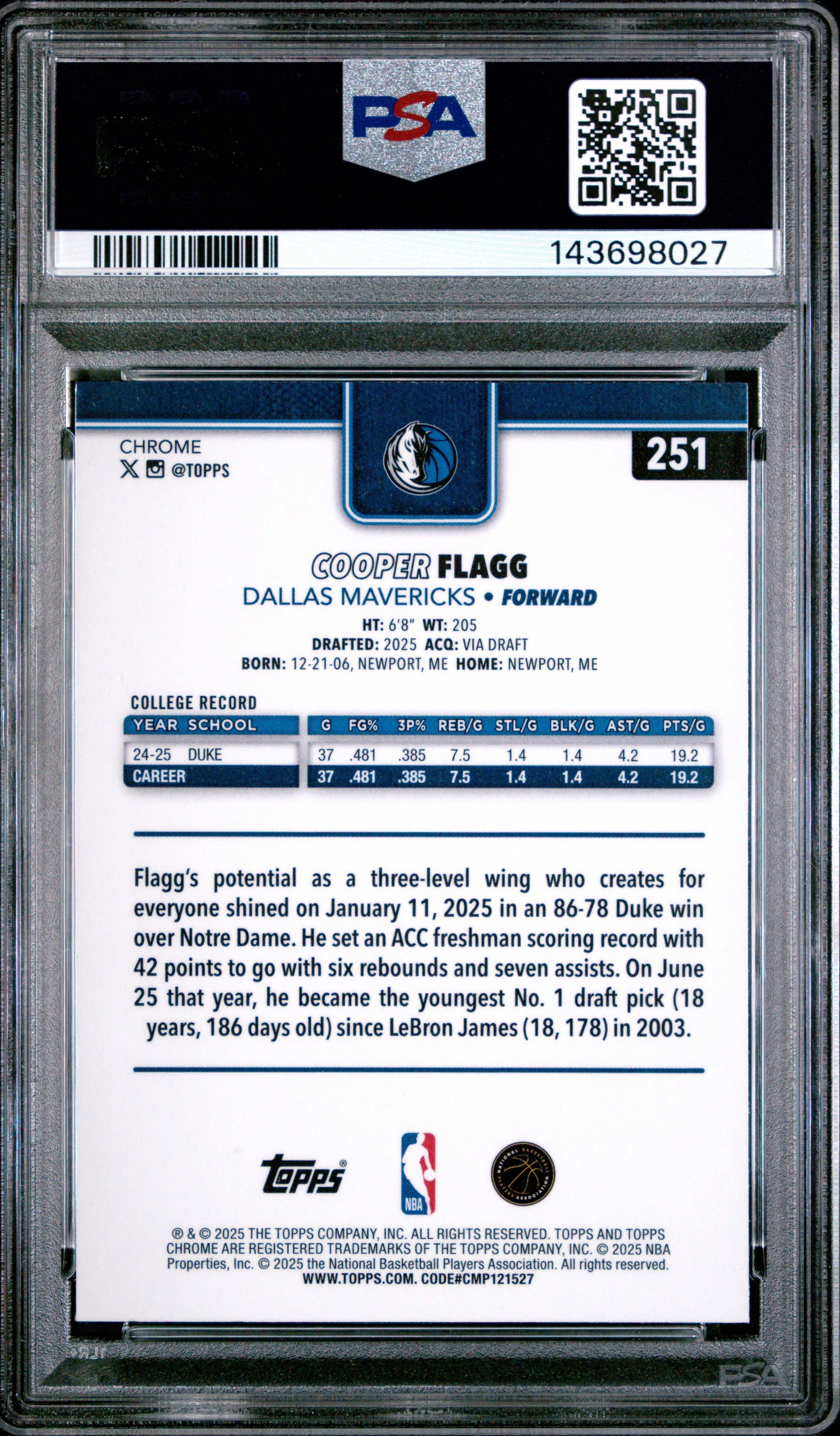 2025 Topps Chrome Topps #251 Cooper Flagg PSA 9