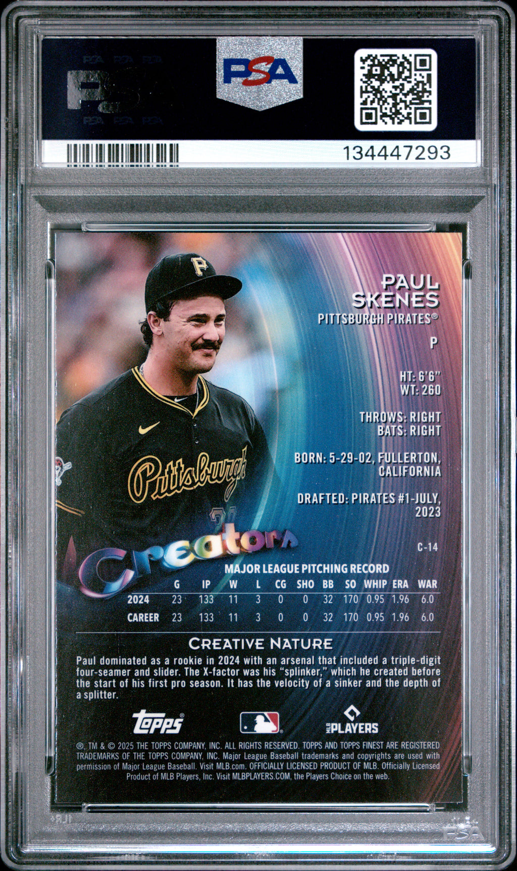 2025 Topps Finest Creators #C14 Paul Skenes Creators-Blue Refractor PSA 10