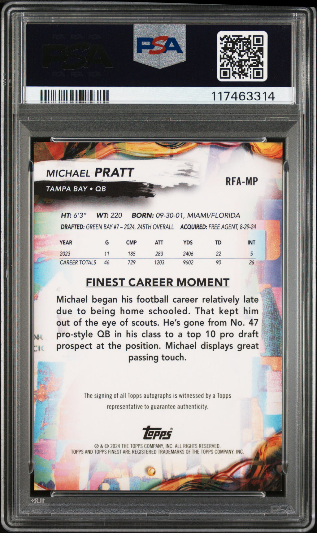 2024 Topps Finest Rookie Finest Autographs #RFAMP Michael Pratt PSA 8 Pop-1