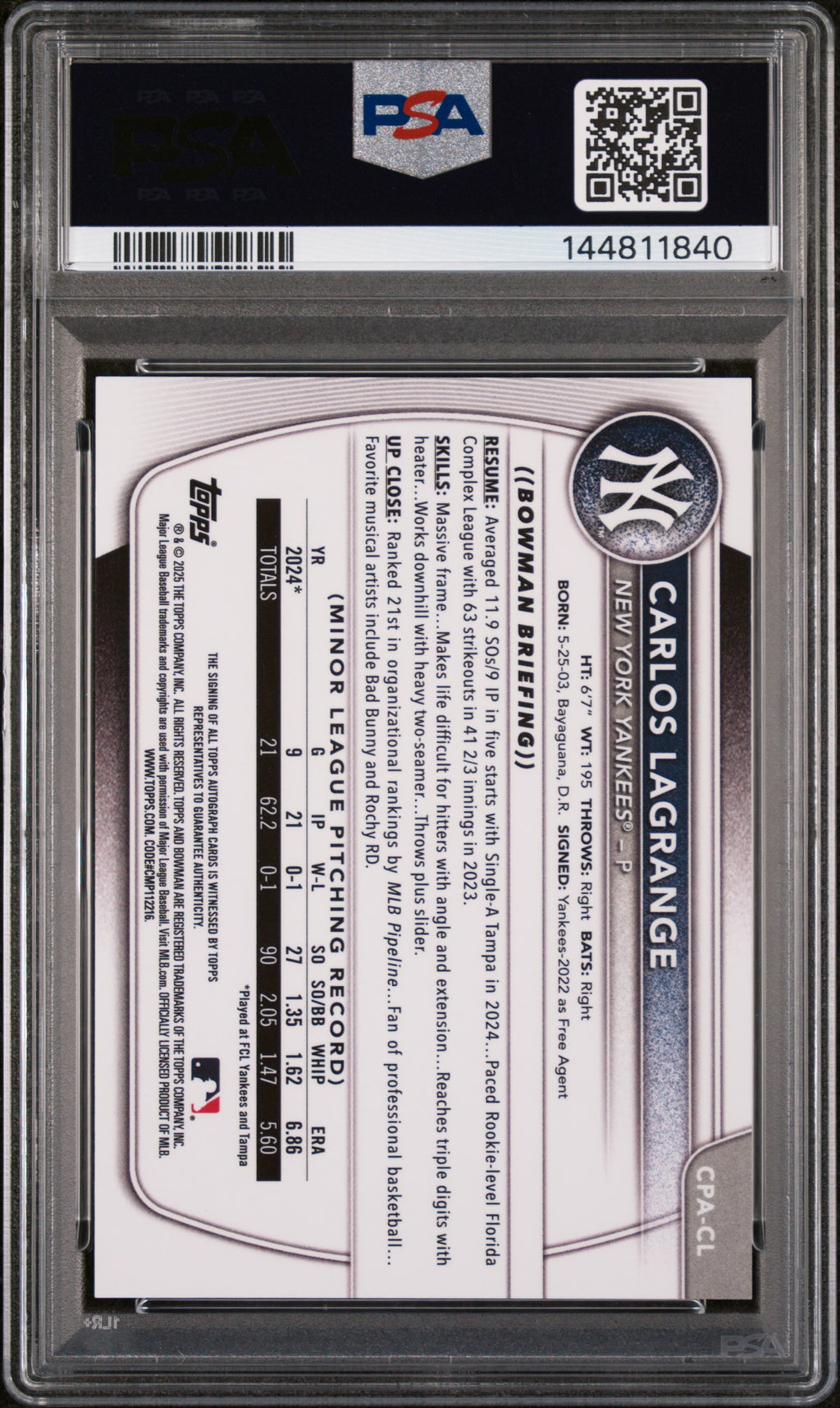 2025 Bowman Chrome Prospect Autographs Carlos Lagrange #CPACL PSA 9