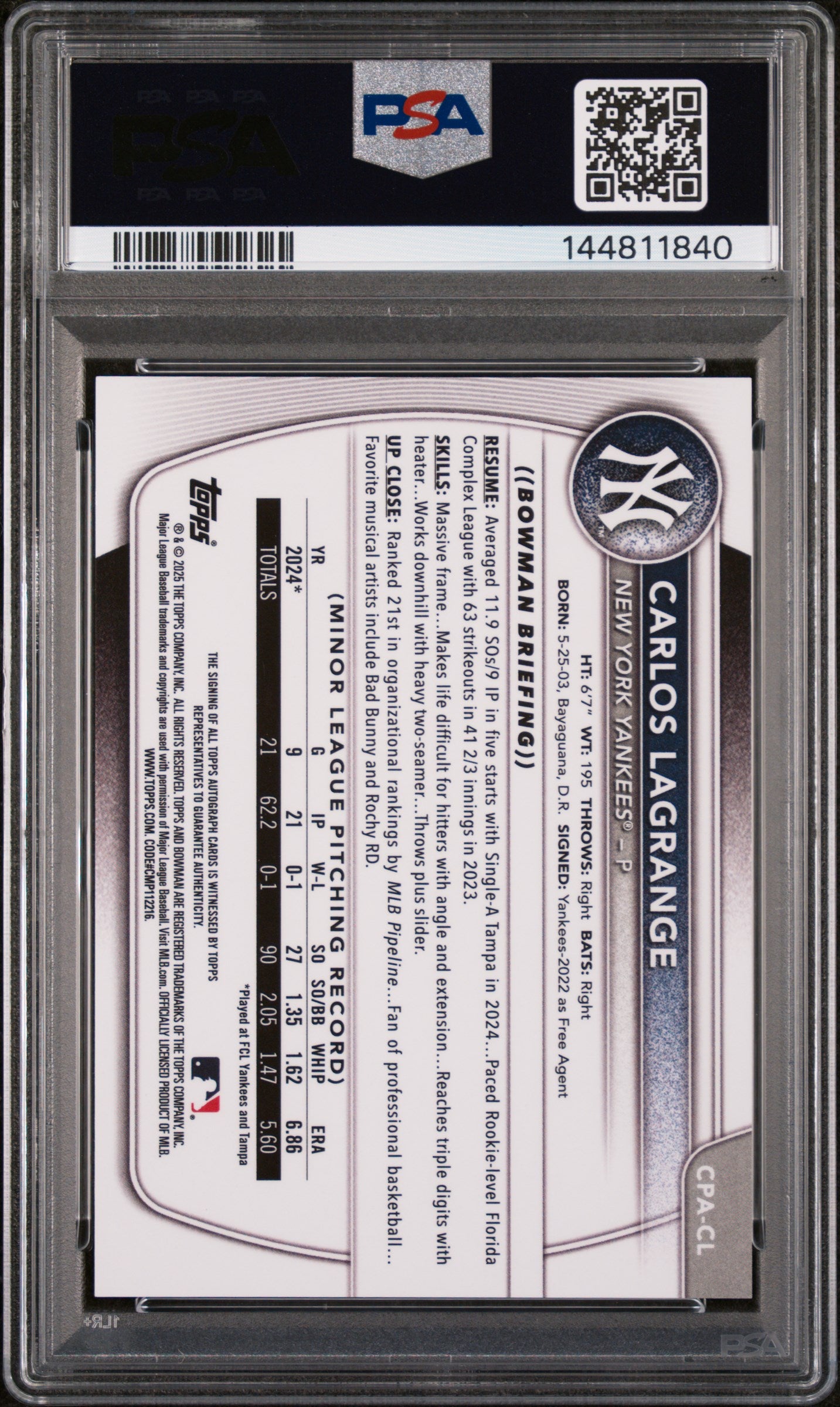2025 Bowman Chrome Prospect Autographs Carlos Lagrange #CPACL PSA 9