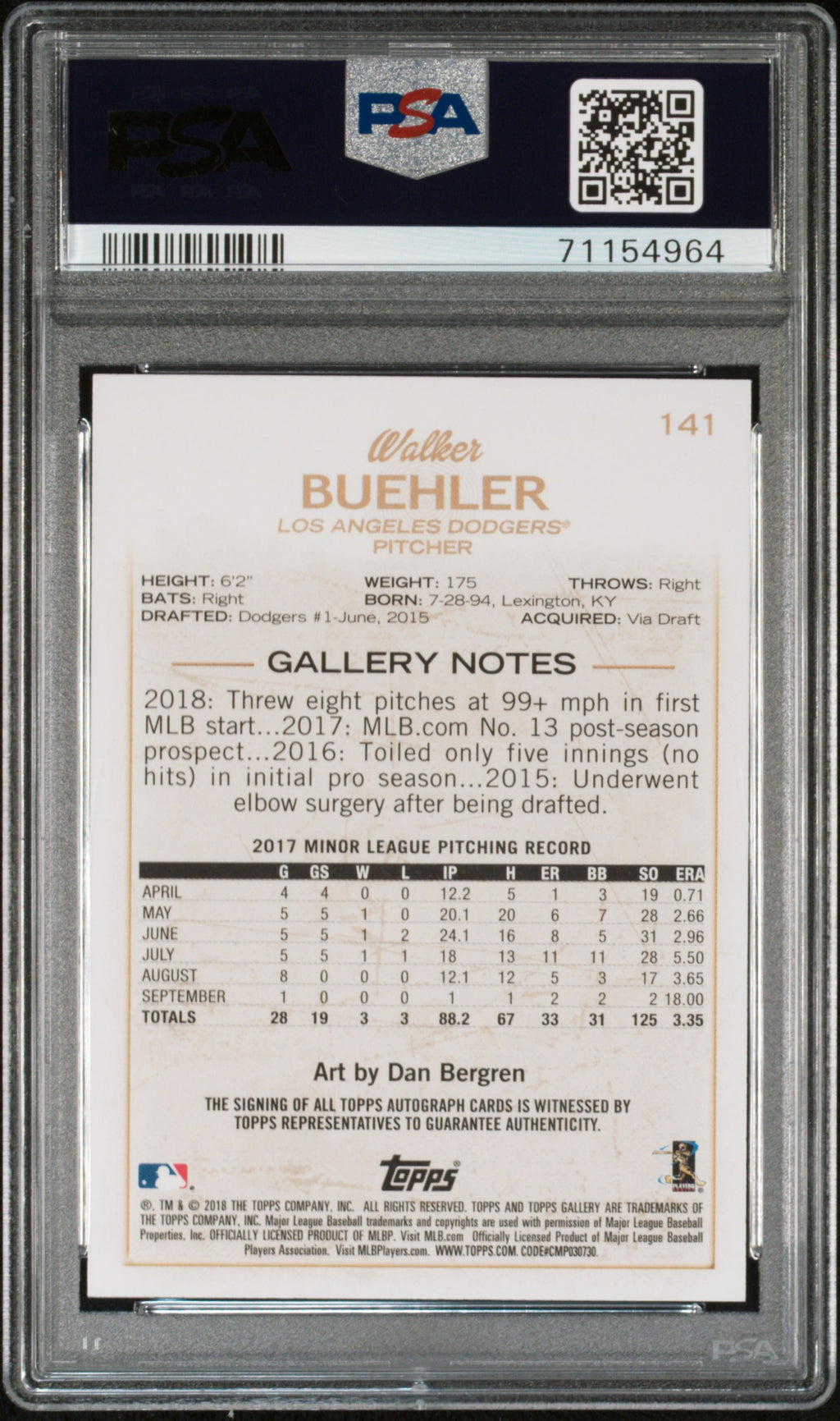 2018 Topps Gallery #141 Walker Buehler Autograph PSA 10