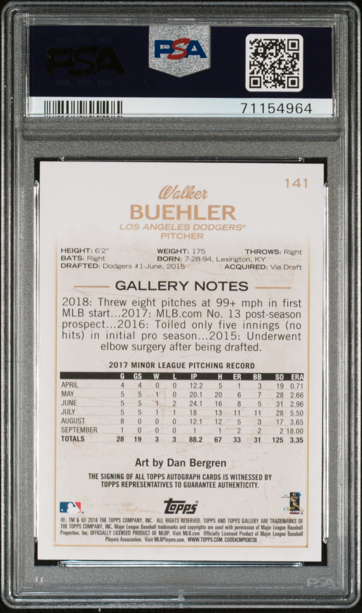 2018 Topps Gallery #141 Walker Buehler Autograph PSA 10