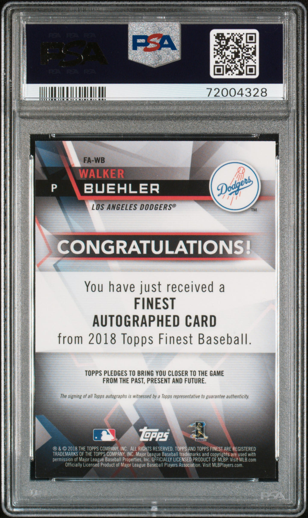 2018 Finest Autographs #FA-WB Walker Buehler PSA 9
