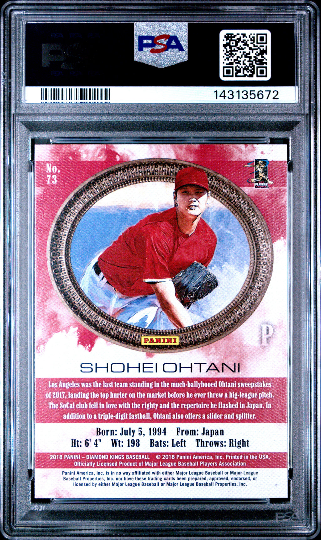 2018 Panini Diamond Kings #73 Shohei Ohtani Pitching/No Pinstripe PSA 10
