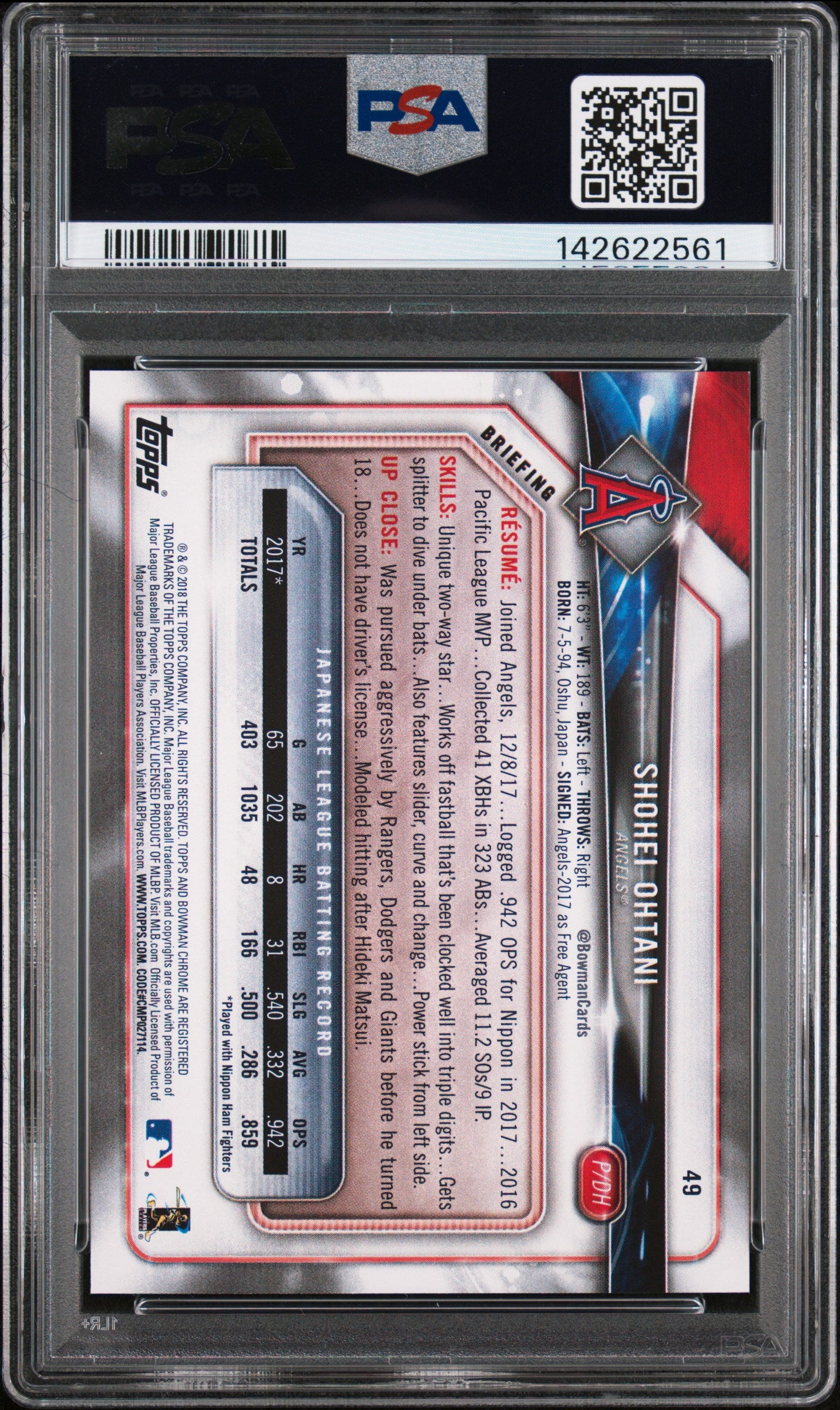 2018 Bowman #49 Shohei Ohtani PSA 8