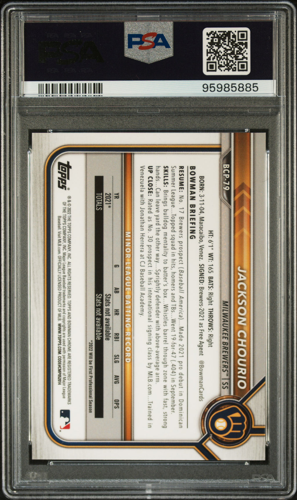 2022 Bowman Mega Box Chrome #79 Jackson Chourio Chrome-Yellow Refractor PSA 10