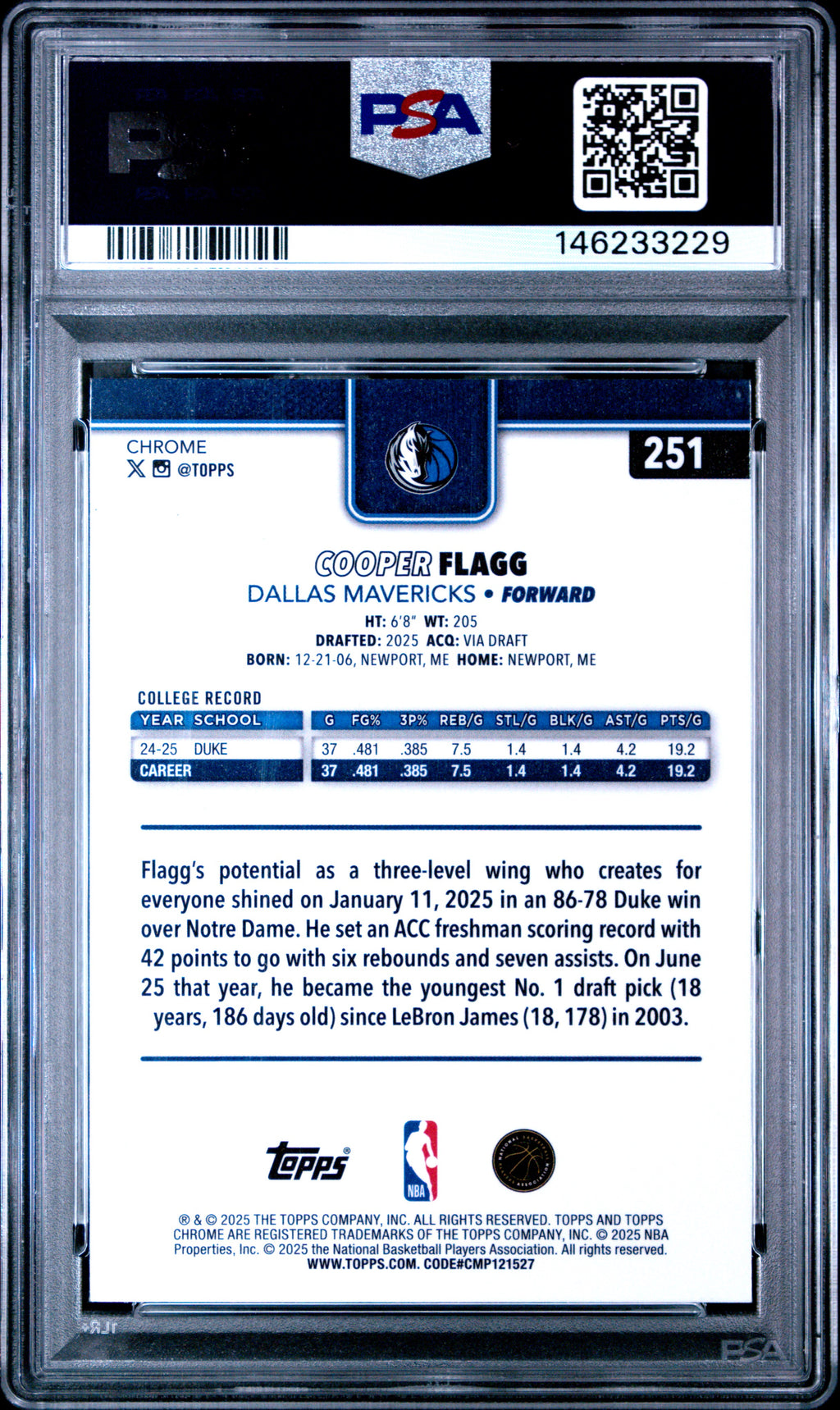 2025 Topps Chrome #251 Cooper Flagg PSA 9