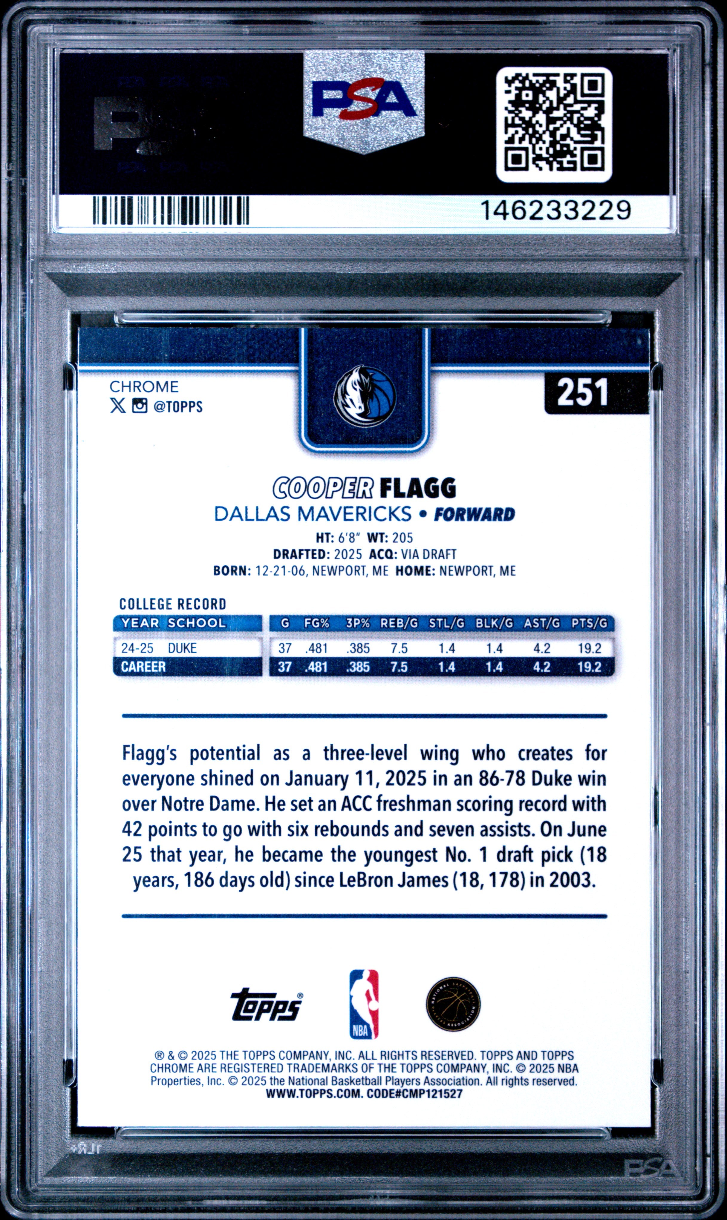 2025 Topps Chrome #251 Cooper Flagg PSA 9