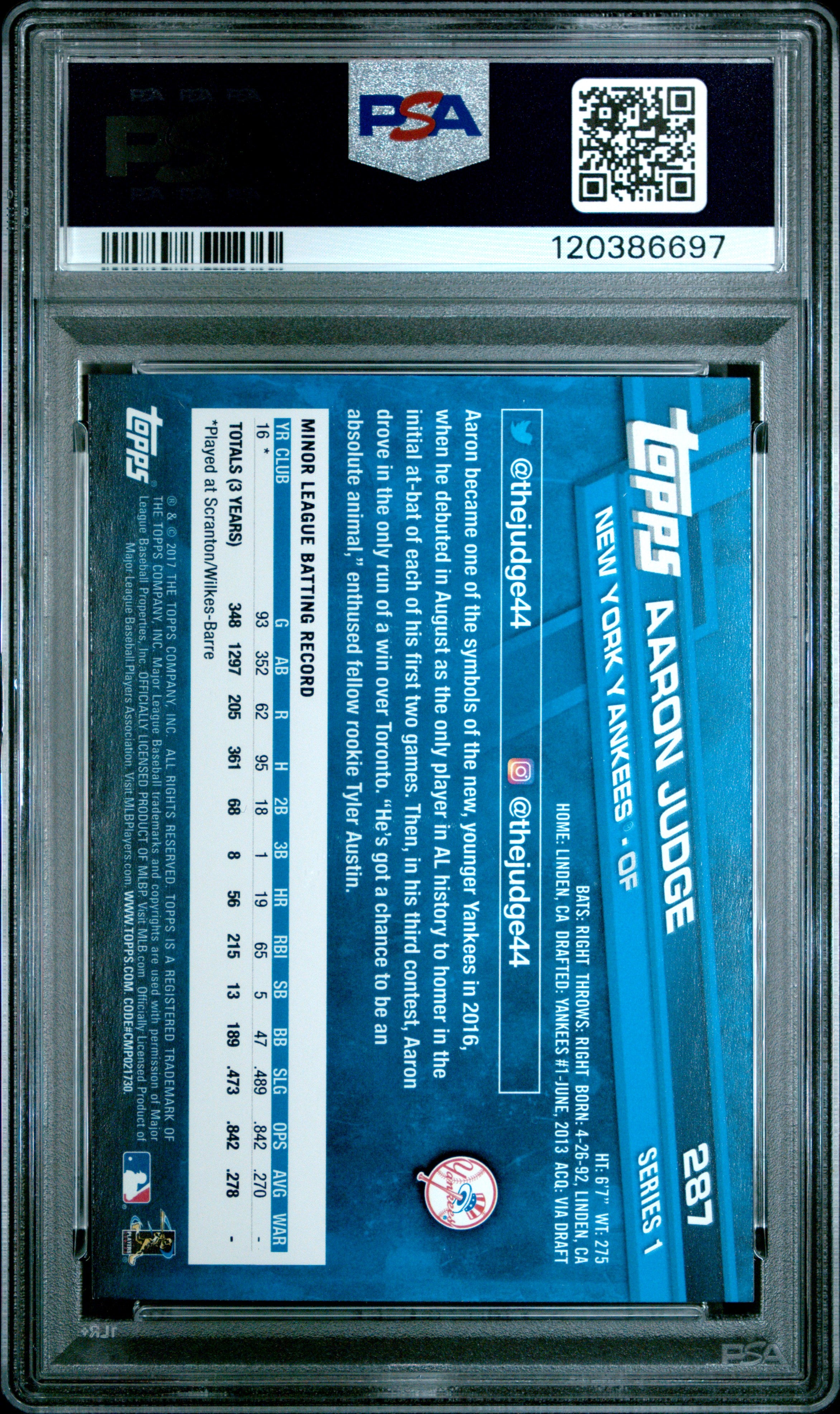 2017 Topps #287 Aaron Judge PSA 9