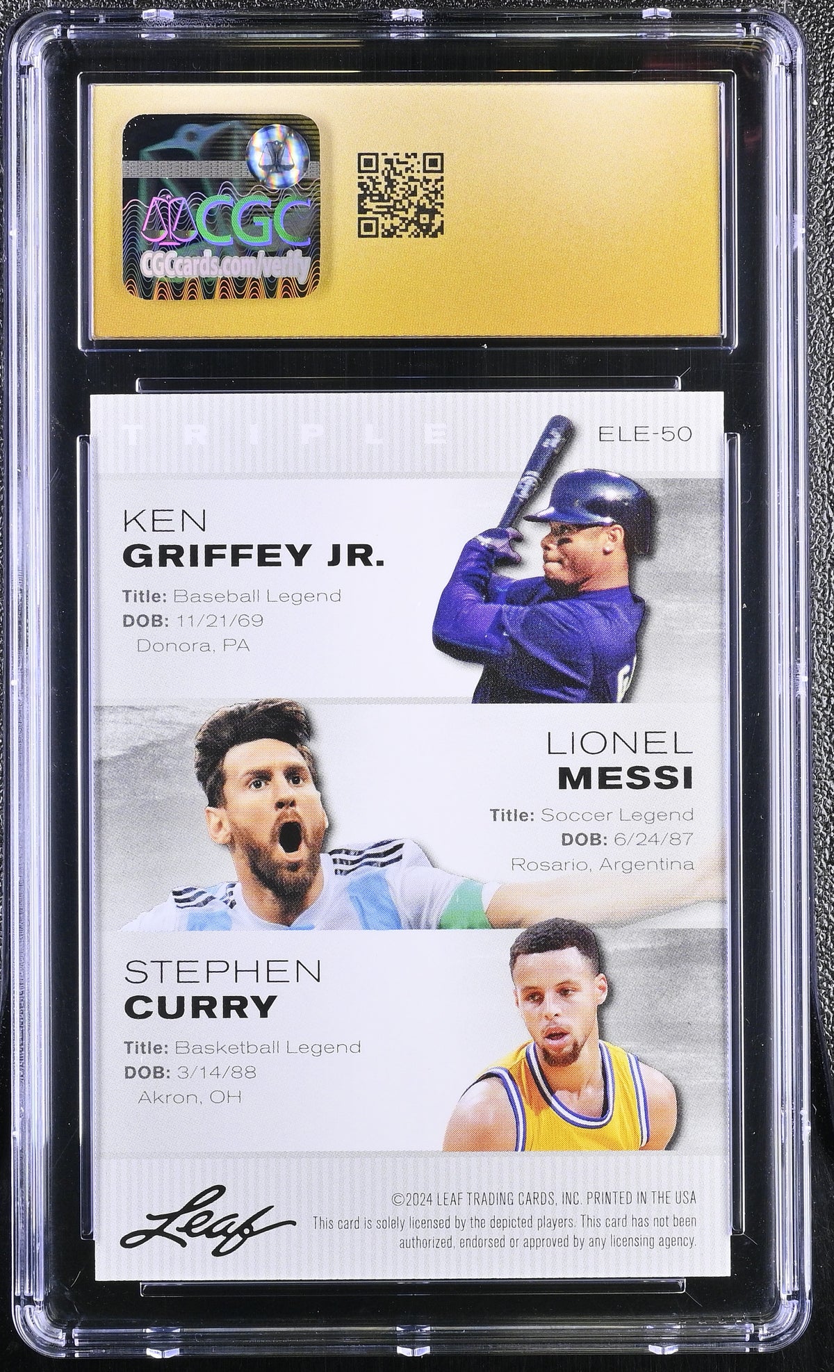 2024 Special Release Leaf #ELE-50 Griffey Jr./Messi/Curry CGC Pristine 10