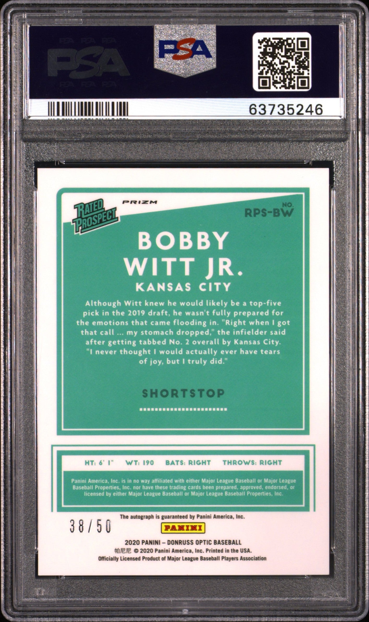 2020 Panini Donruss Optic Rated Prospects #RPSBW Bobby Witt Jr. PSA 10