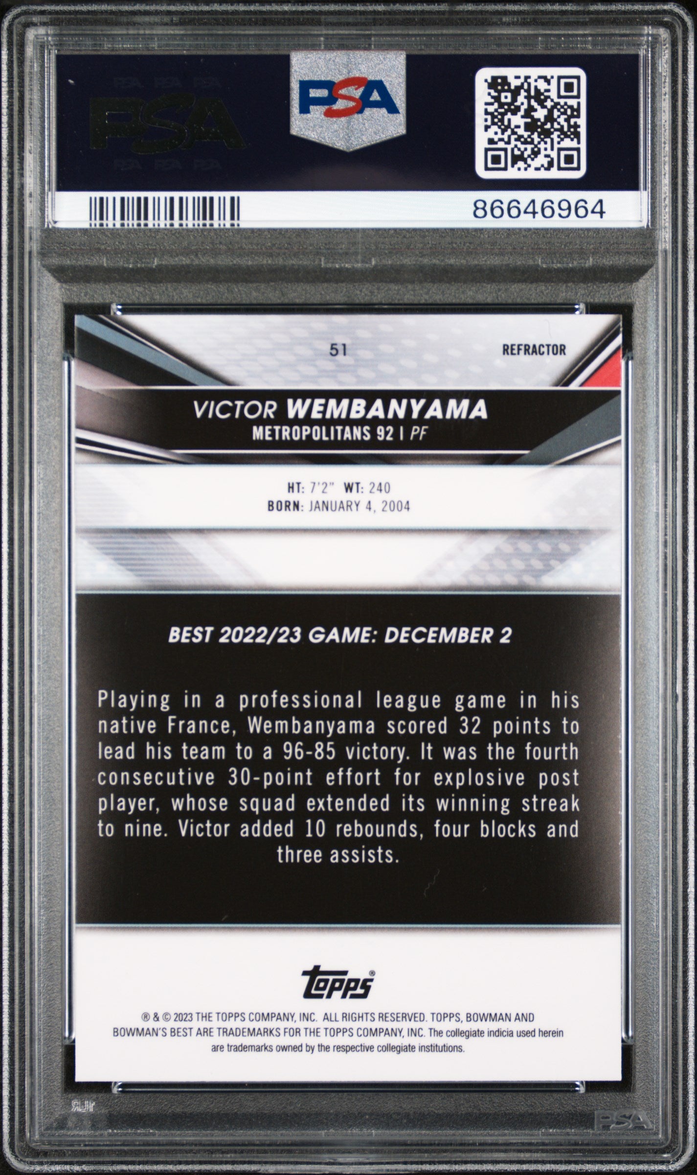 2022 Bowman University Best #51 Victor Wembanyama PSA 10