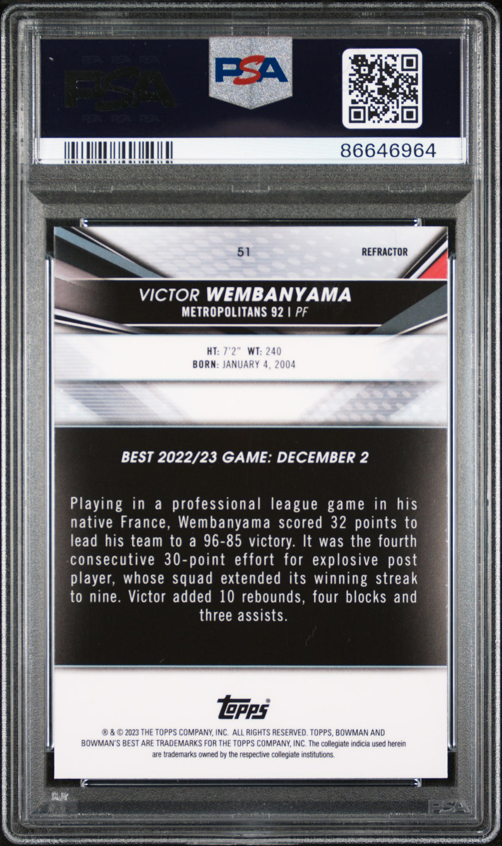 2022 Bowman University Best #51 Victor Wembanyama PSA 10