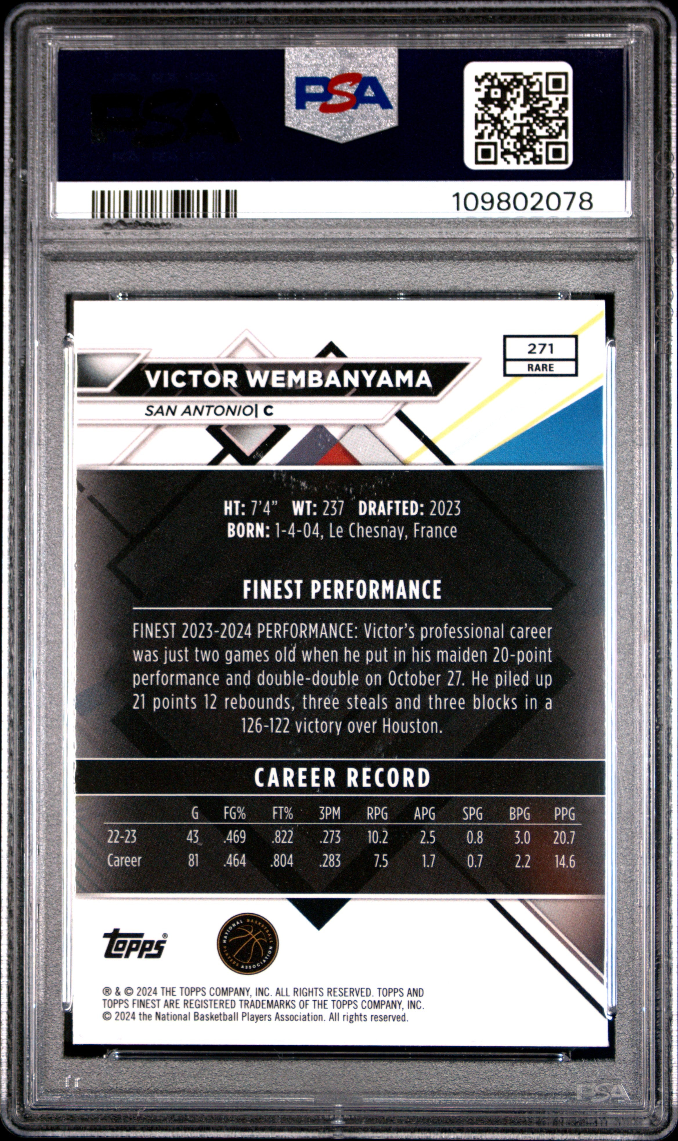 2023 Topps Finest #271 Victor Wembanyama PSA 10