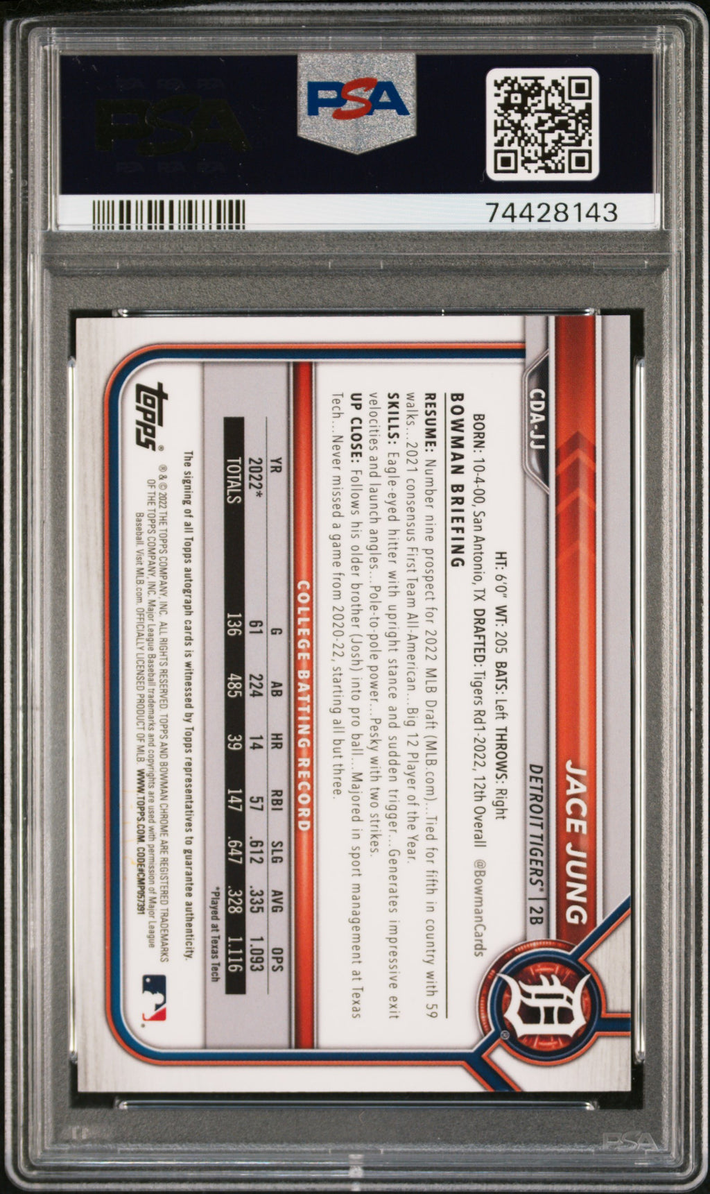 2022 Bowman Draft Chrome Draft Pick Autographs #CDAJJ Jace Jung PSA 9