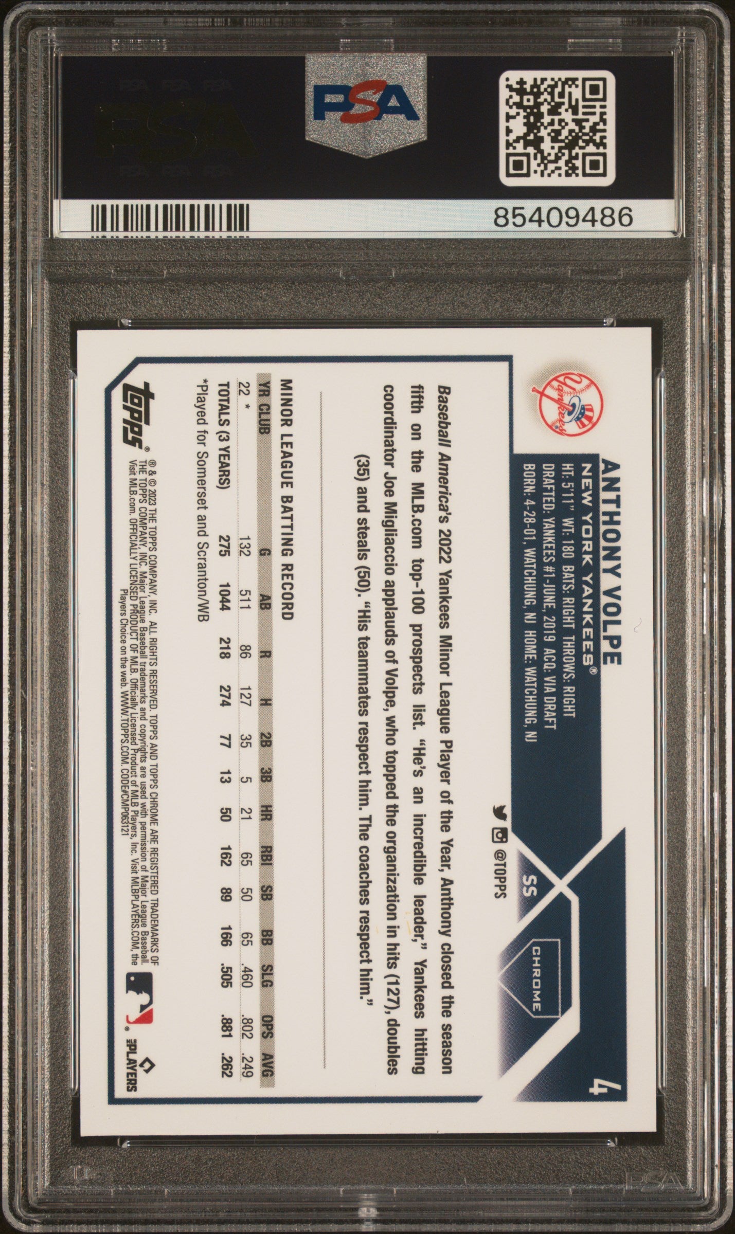 2023 Topps Chrome #4 Anthony Volpe PSA 10