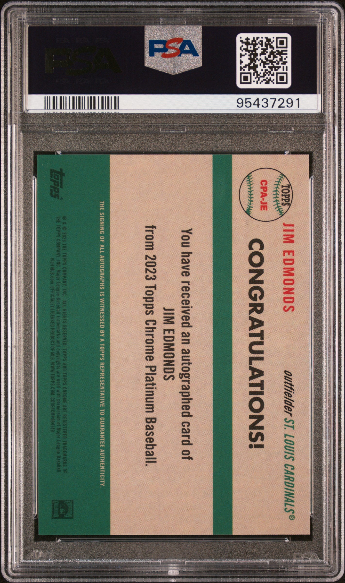 2023 Topps Chrome Platinum Anniv Autographs #JE Jim Edmonds PSA 10 POP 1 82/99