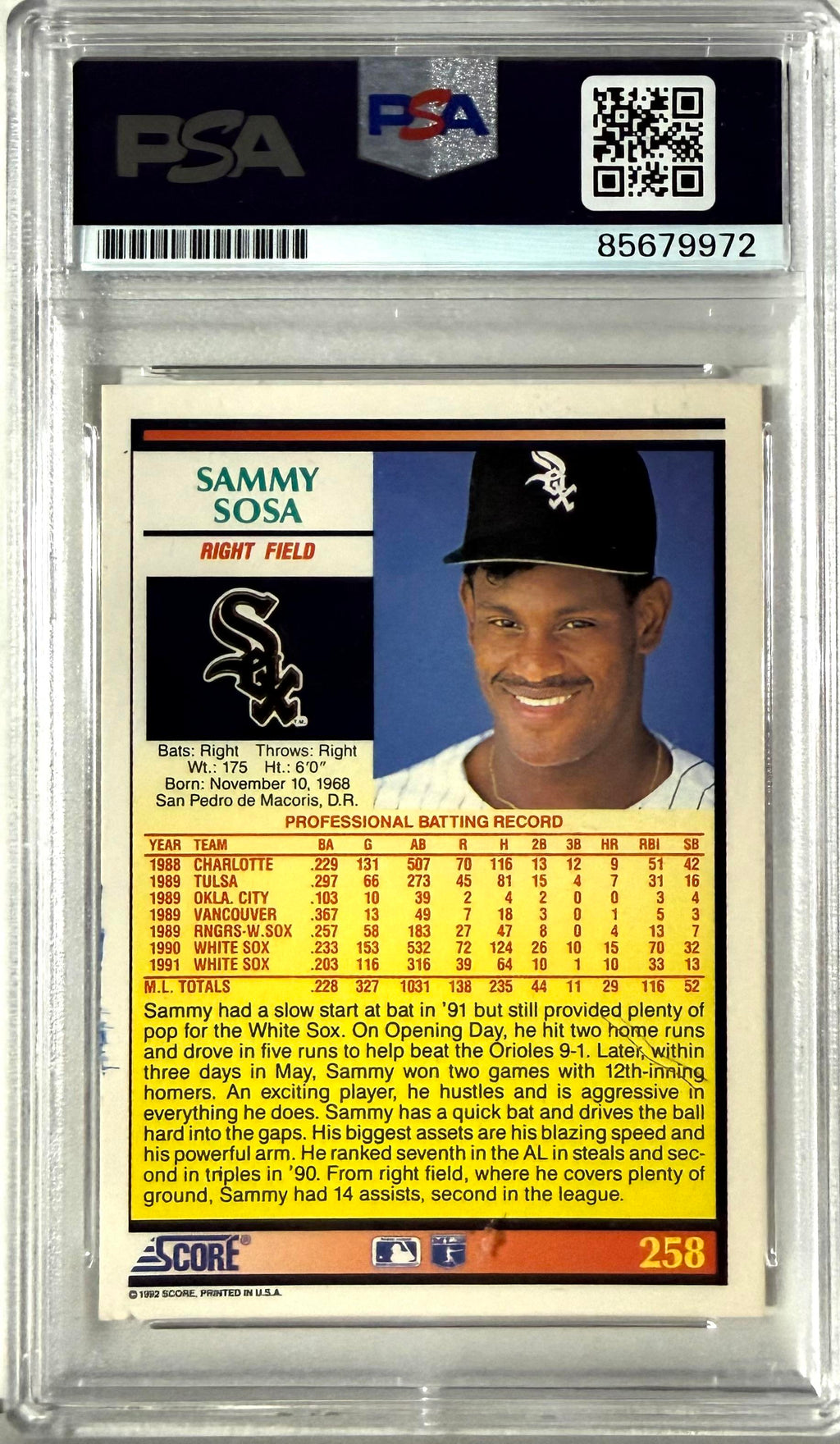 1992 Score Score #258 Sammy Sosa PSA Authentic