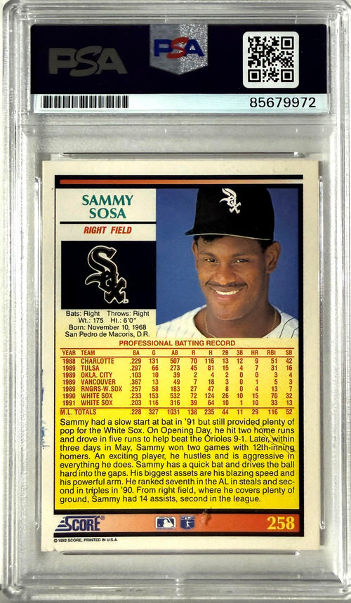 1992 Score Score #258 Sammy Sosa PSA Authentic