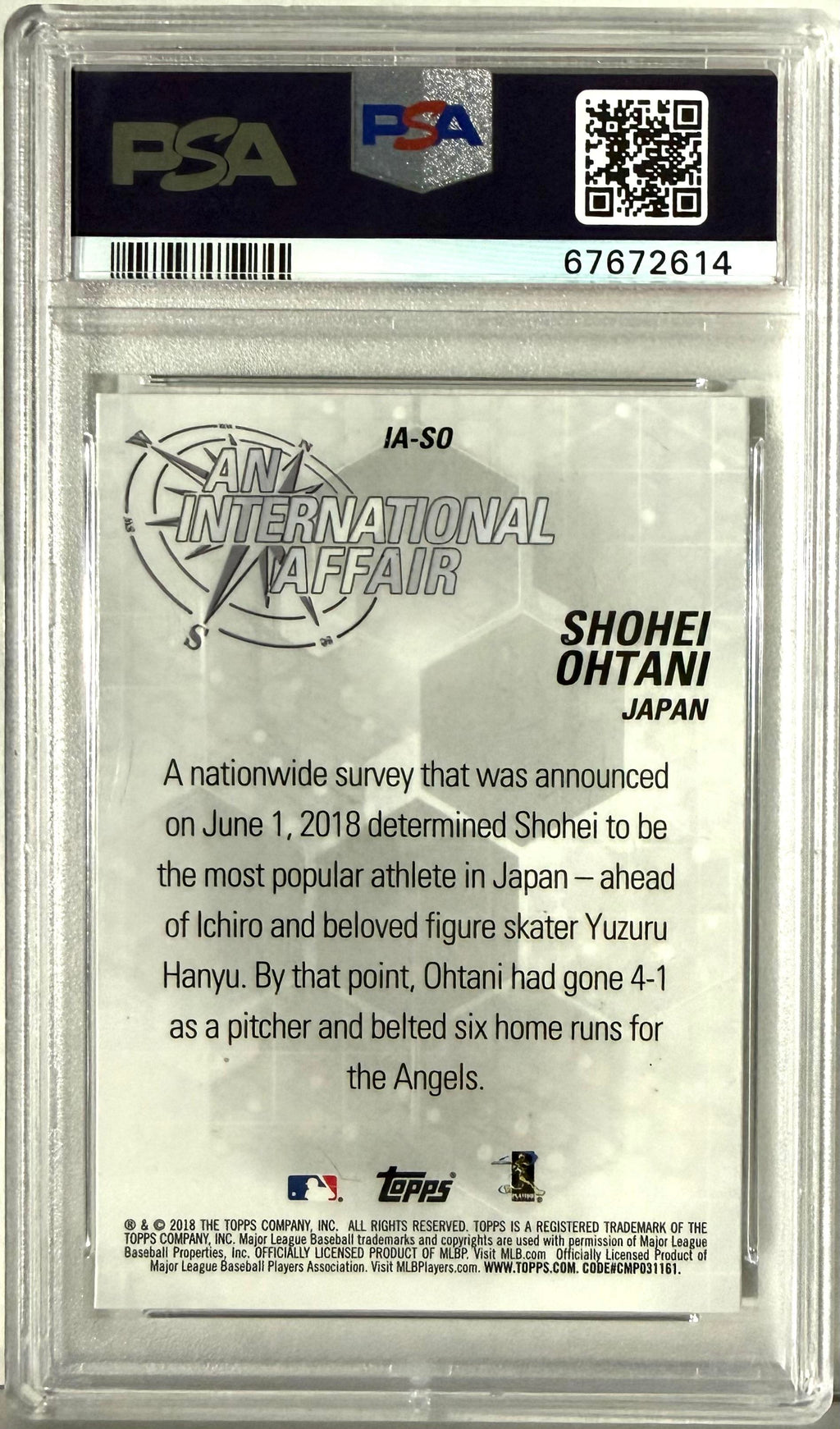 2018 Topps Chrome Update #IA-SO Shohei Ohtani An International Affair PSA 10