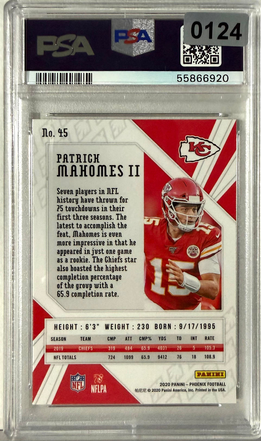2020 Panini Phoenix #45 Patrick Mahomes II Fire Burst PSA 10