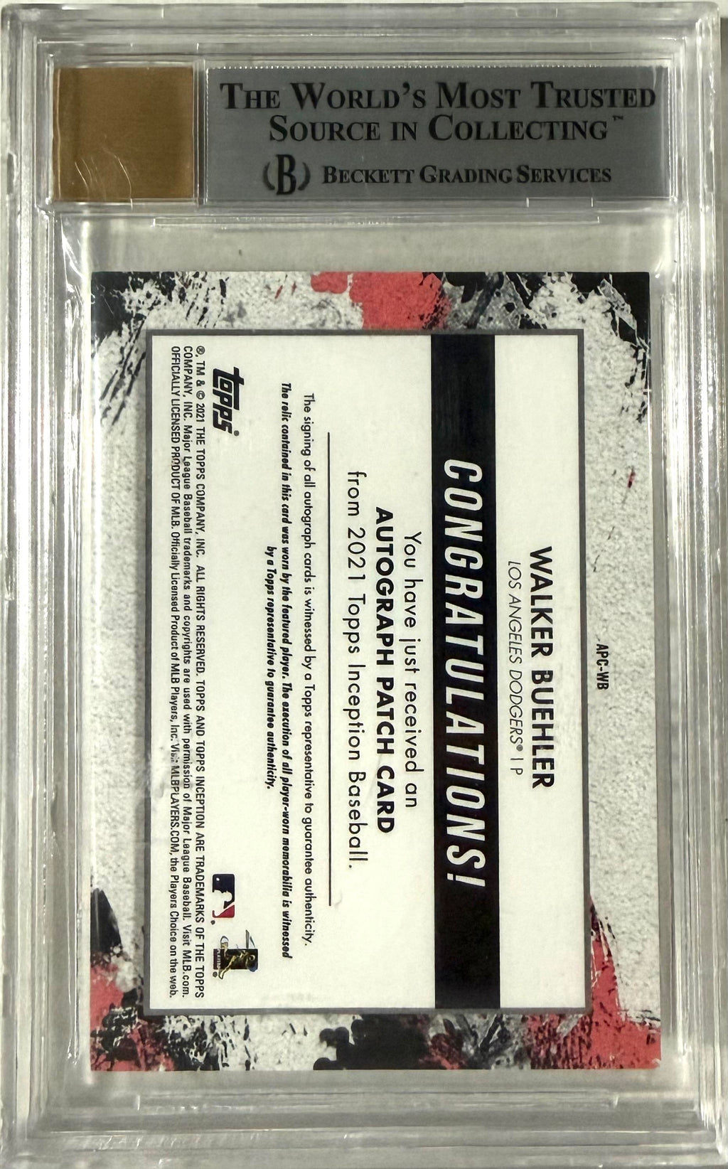 2021 Topps Inception Relic #APC-WB Walker Buehler BGS Auto 10 POP-1 49/75