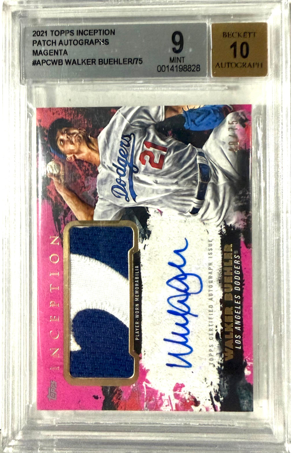 2021 Topps Inception Relic #APC-WB Walker Buehler BGS Auto 10 POP-1 49/75