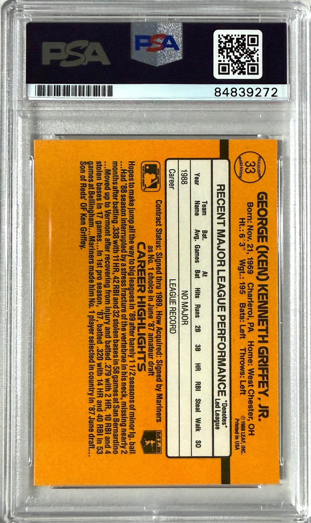 1989 Donruss Donruss #33 Ken Griffey Jr. Rookie Autograph PSA 10
