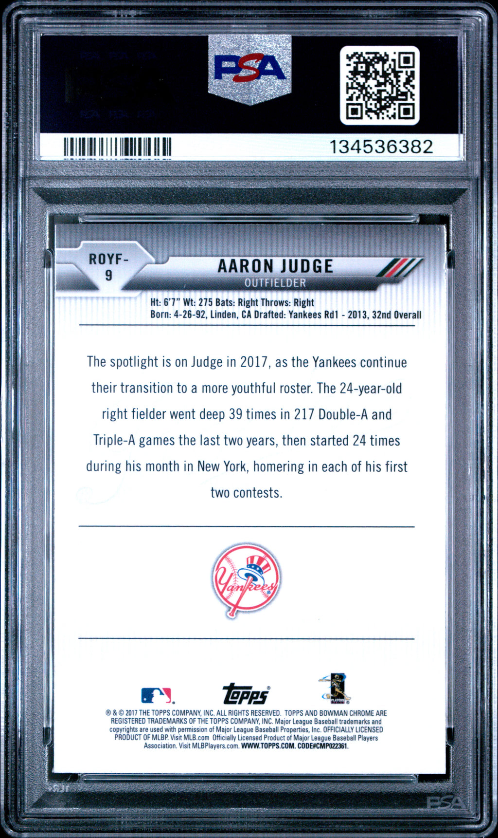 2017 Bowman Rookie Of The Year Roy Favs #9 Aaron Judge R.O.Y. Favorites PSA 10