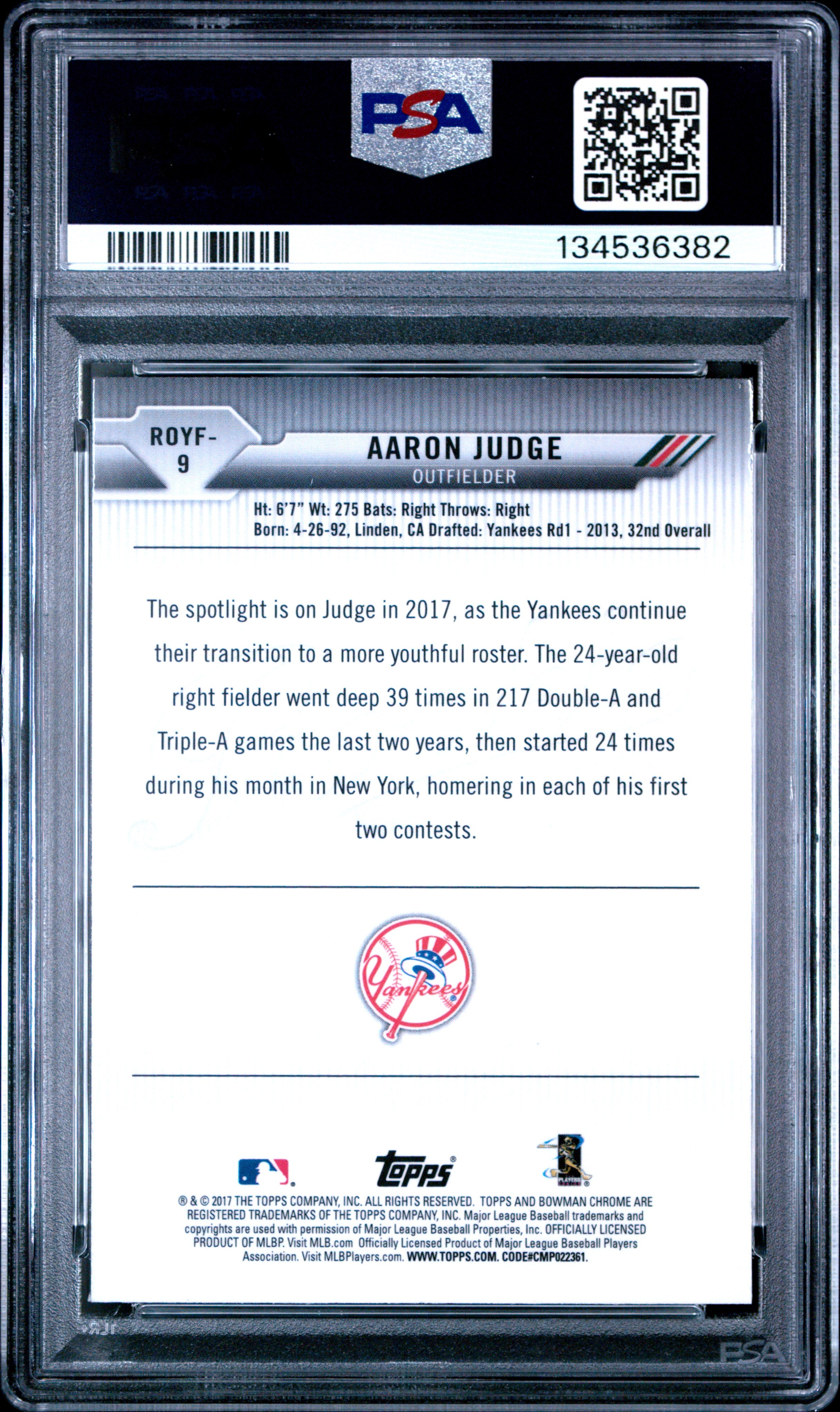 2017 Bowman Rookie Of The Year Roy Favs #9 Aaron Judge R.O.Y. Favorites PSA 10