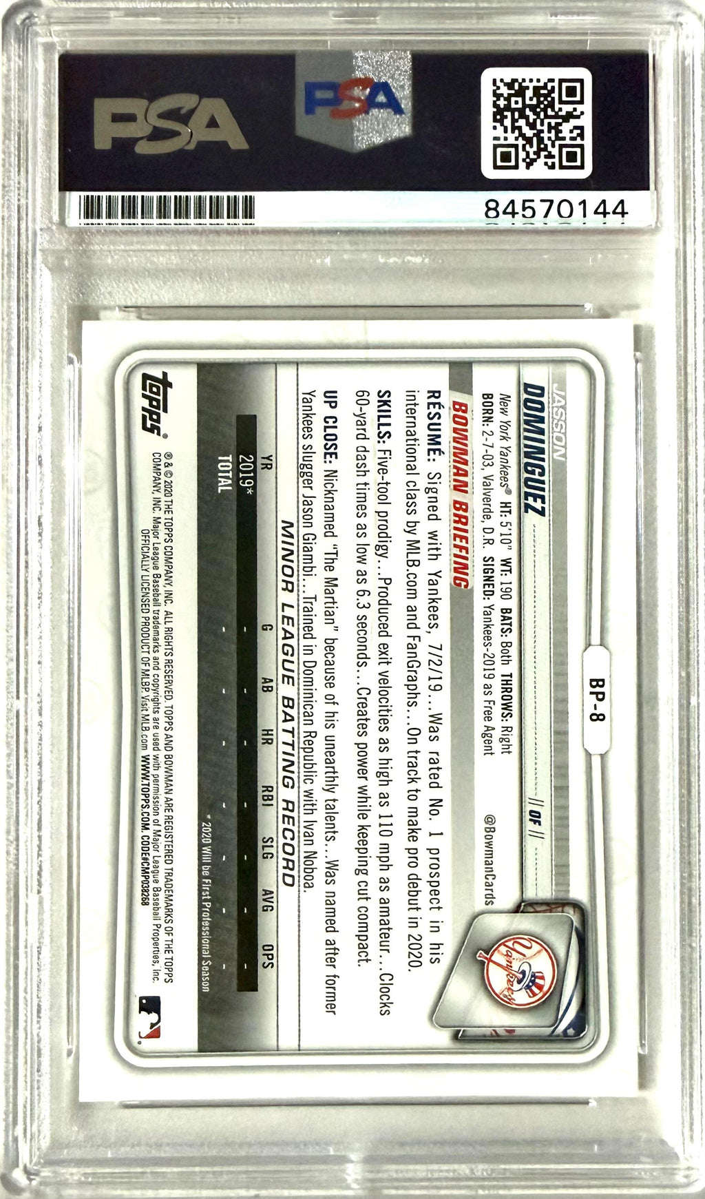 2020 Topps Bowman #BP-8 Jasson Dominguez PSA Authentic