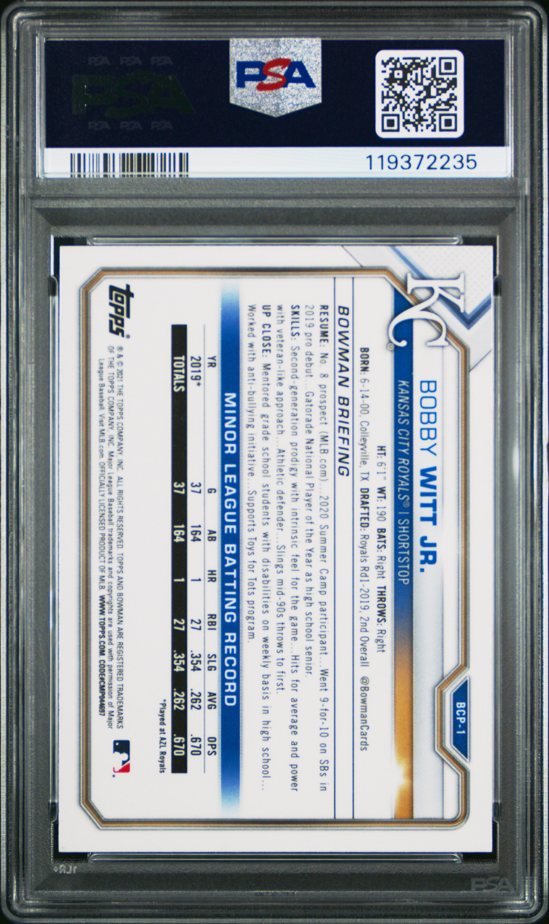 2021 Bowman Mega Box Chrome #BCP1 Bobby Witt Jr. PSA 10