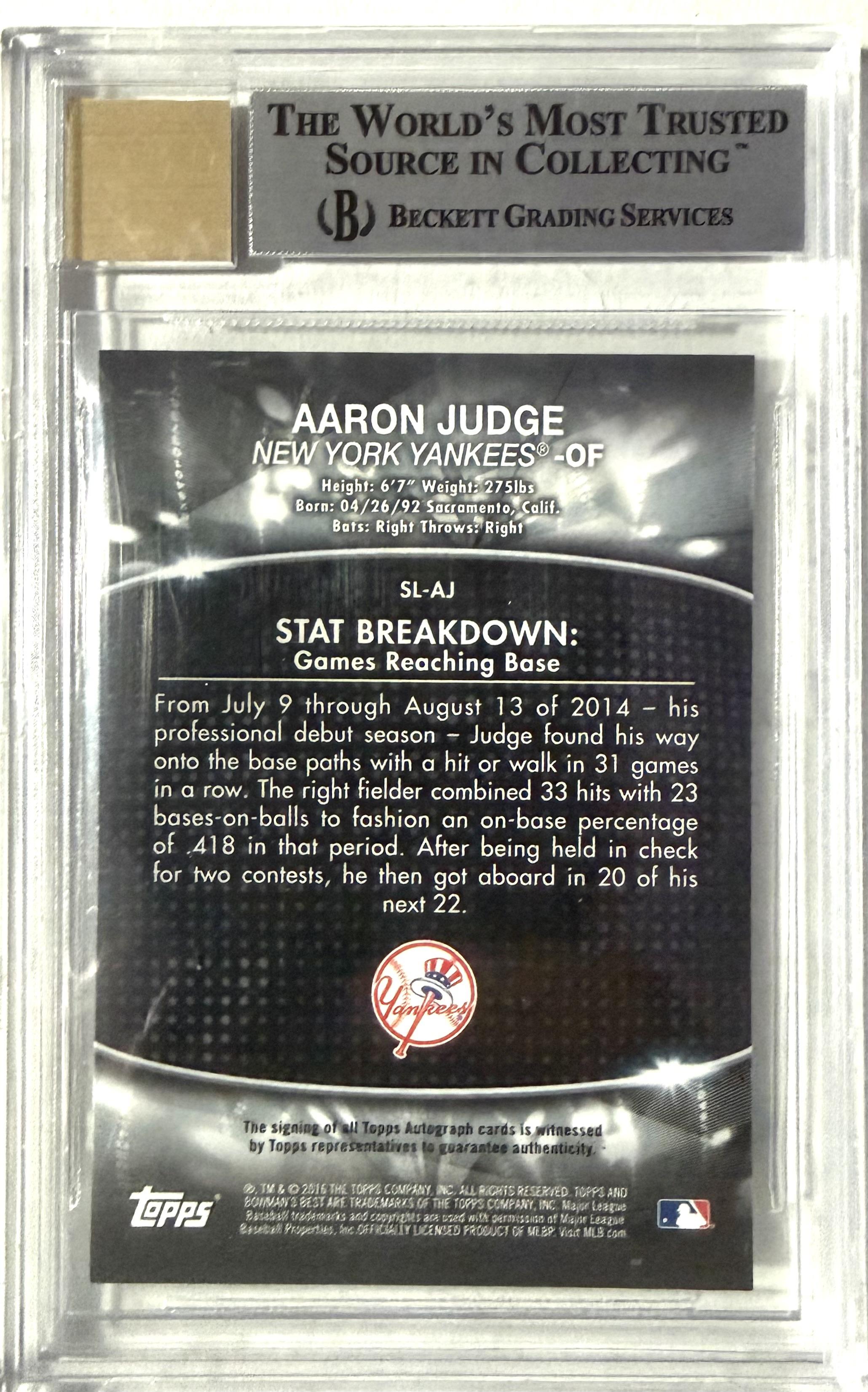 2016 Bowman's Best #SL-AJ Aaron Judge Stat Lines Autographs PSA 9 Auto 10 40/50