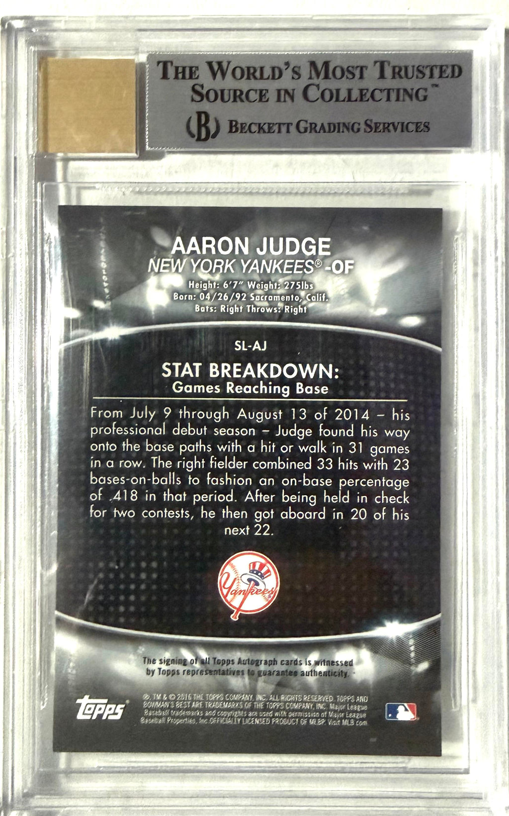 2016 Bowman's Best #SL-AJ Aaron Judge Stat Lines BGS 9 Auto 10 #/50