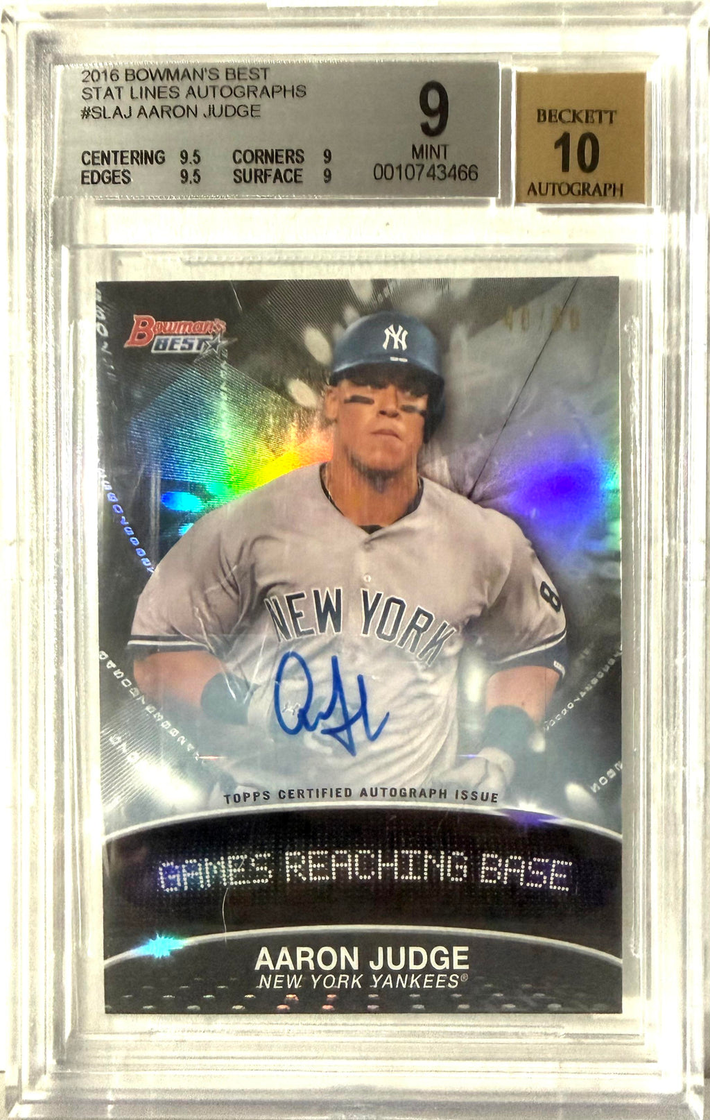 2016 Bowman's Best #SL-AJ Aaron Judge Stat Lines BGS 9 Auto 10 #/50