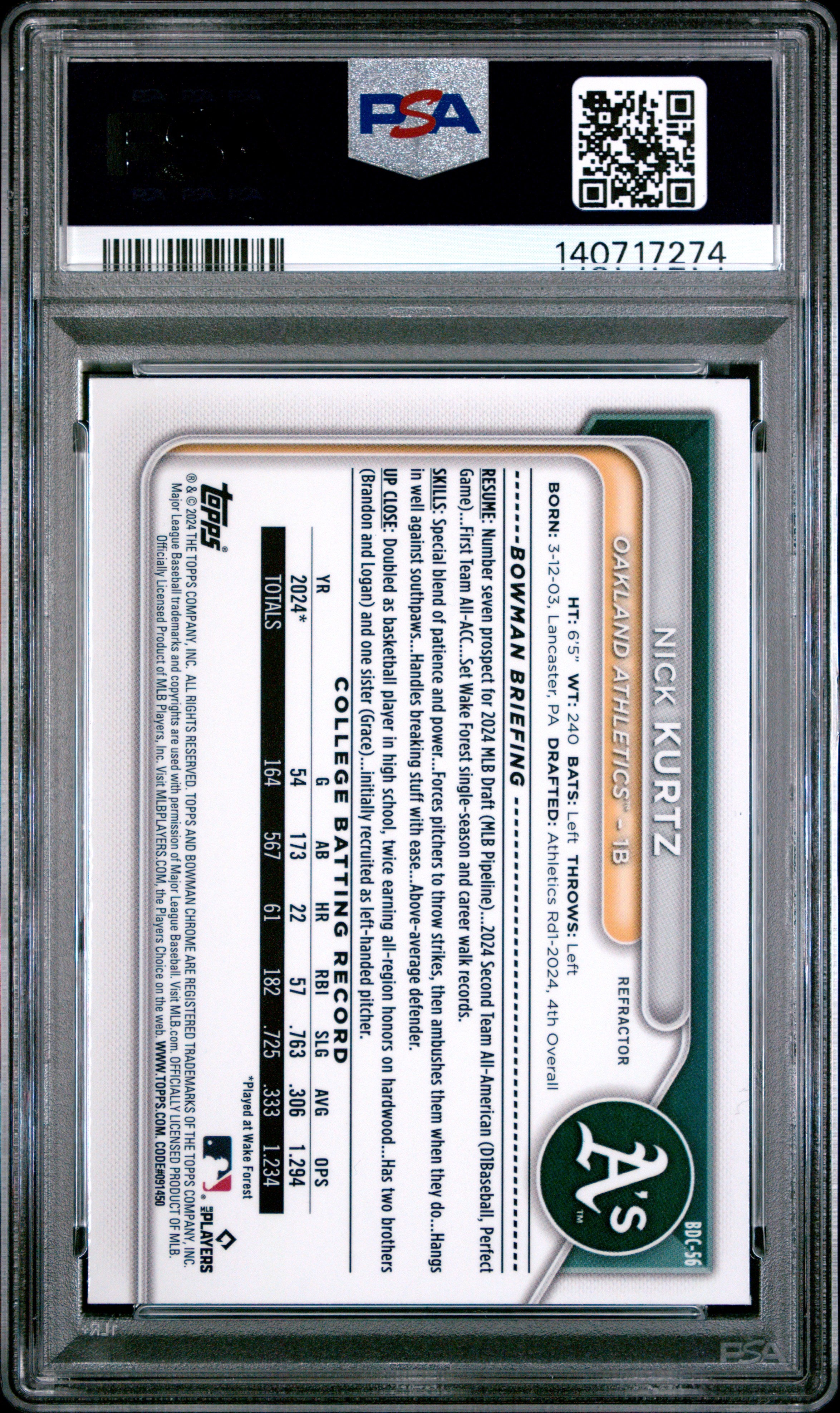 2024 Bowman Draft #BDC56 Nick Kurtz Chrome-Refractor PSA 10