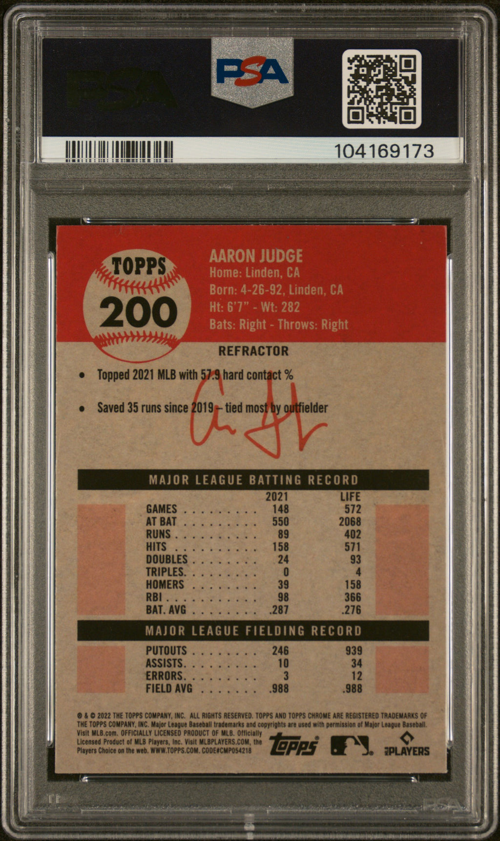 2022 Topps Chrome Platinum Anniversary #200 Aaron Judge Refractor PSA 10