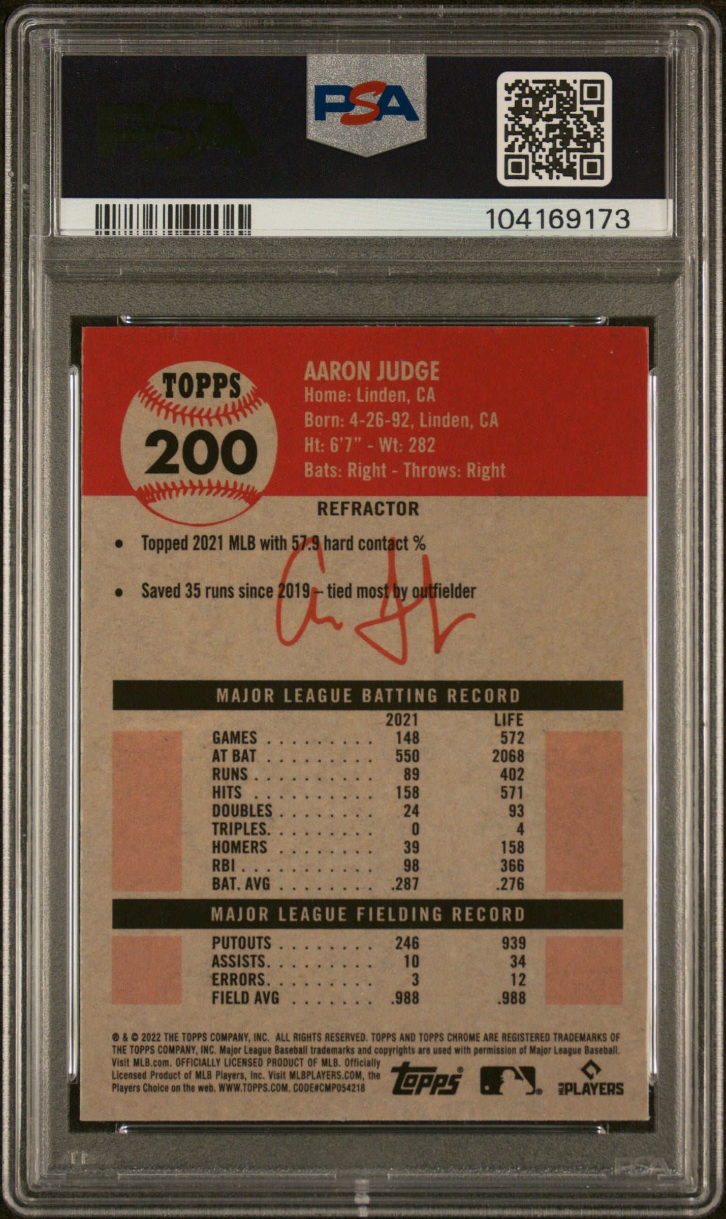 2022 Topps Chrome Platinum Anniversary #200 Aaron Judge Refractor PSA 10