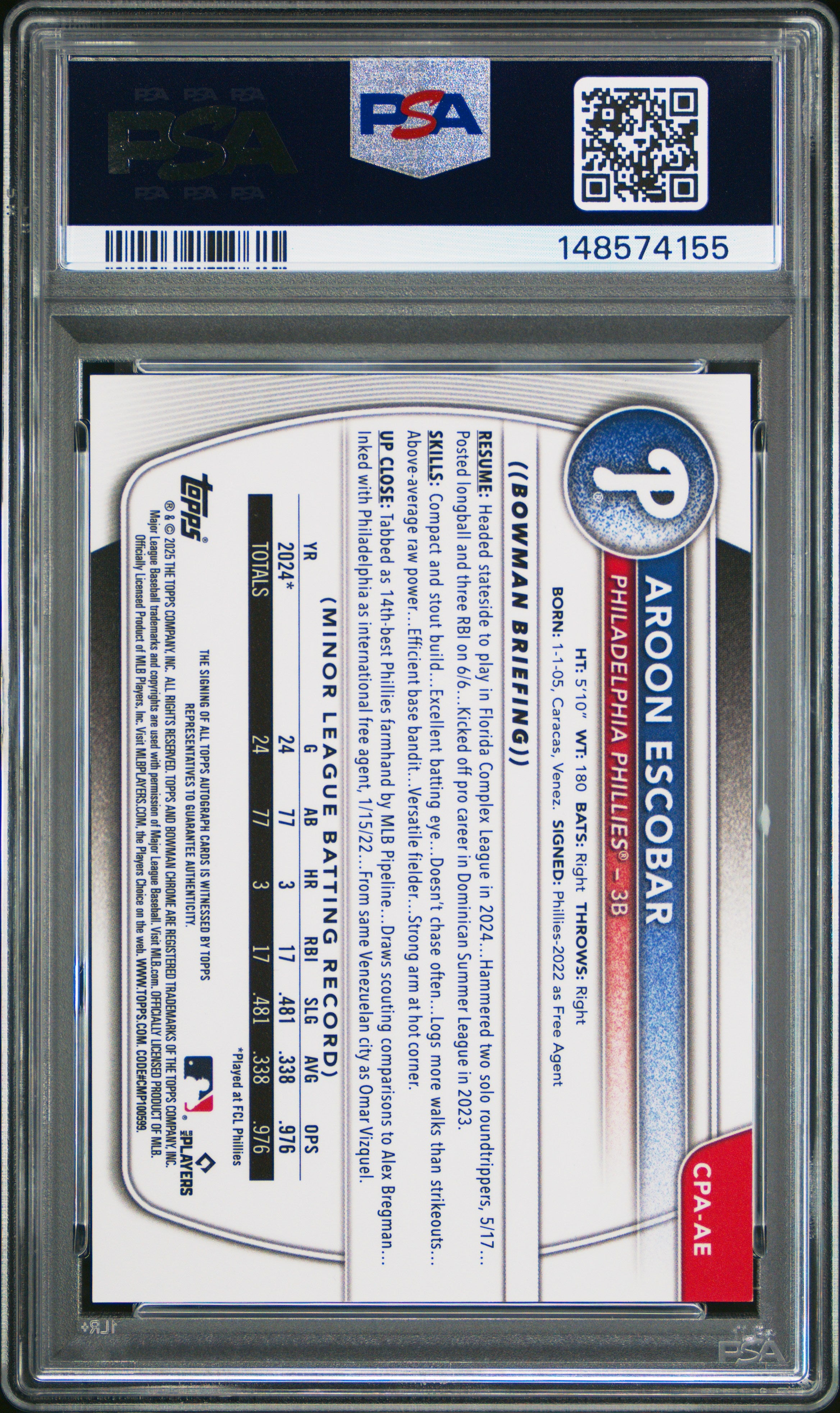 2025 Bowman Chrome Prospect Autographs #CPAAE Aroon Escobar PSA 10