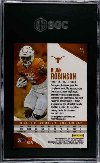 2023 Panini Chronicles Draft Picks Panini #11 Bijan Robinson SGC 10 Aut0 10 #/75