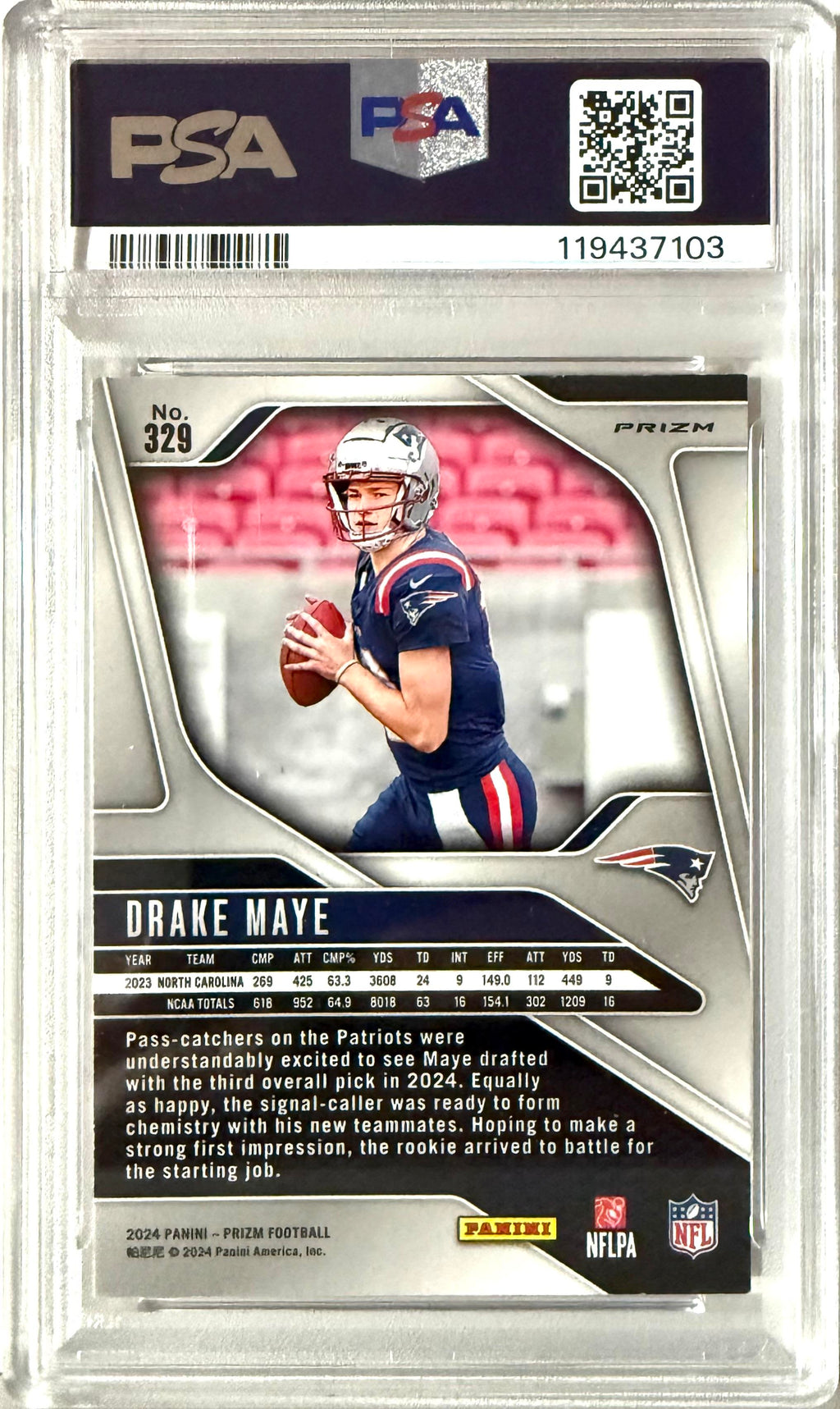 2024 Panini Orange Lazer Prizm #329 Drake Maye Rookie PSA 9