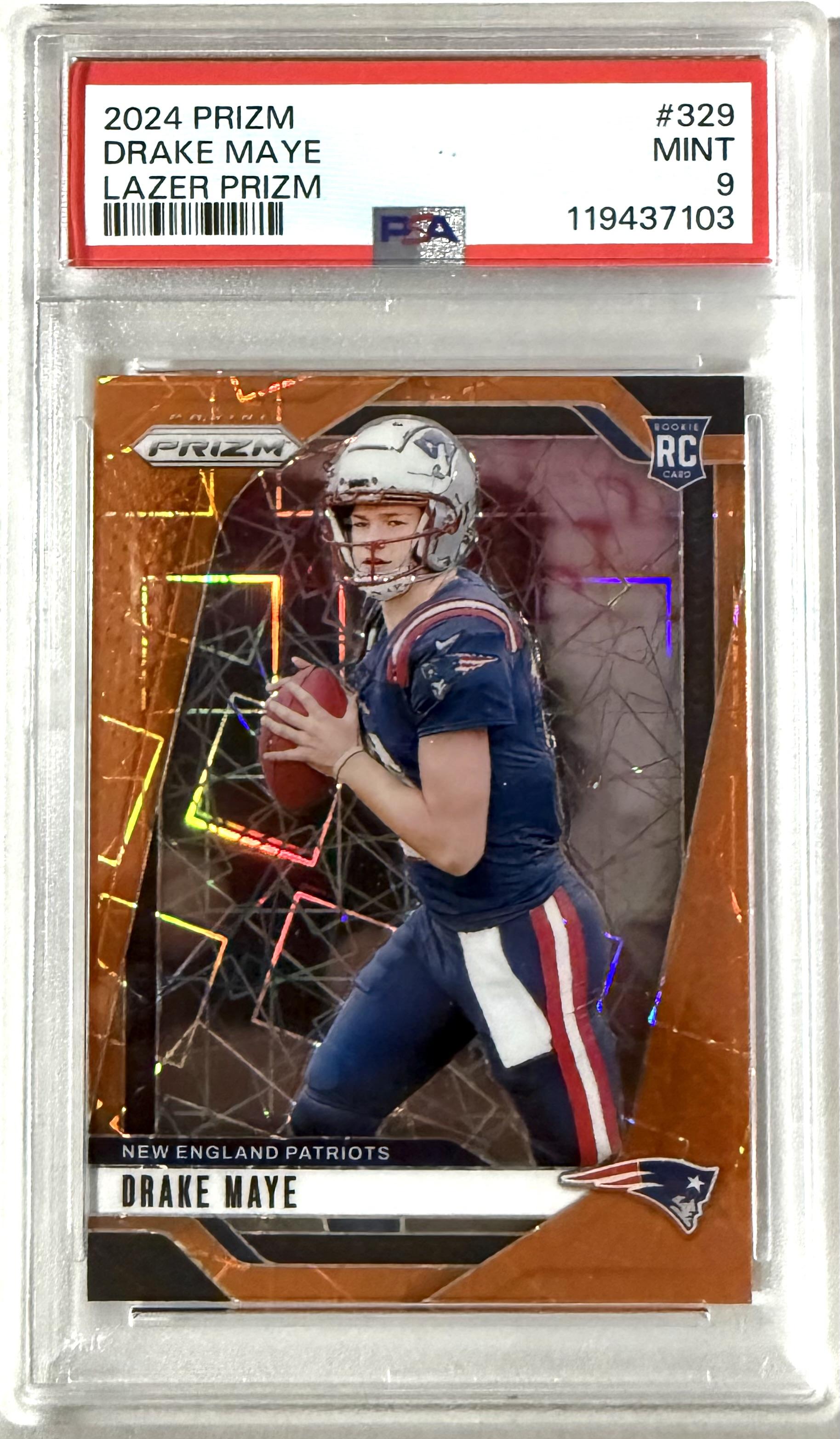 2024 Panini Orange Lazer Prizm #329 Drake Maye Rookie PSA 9