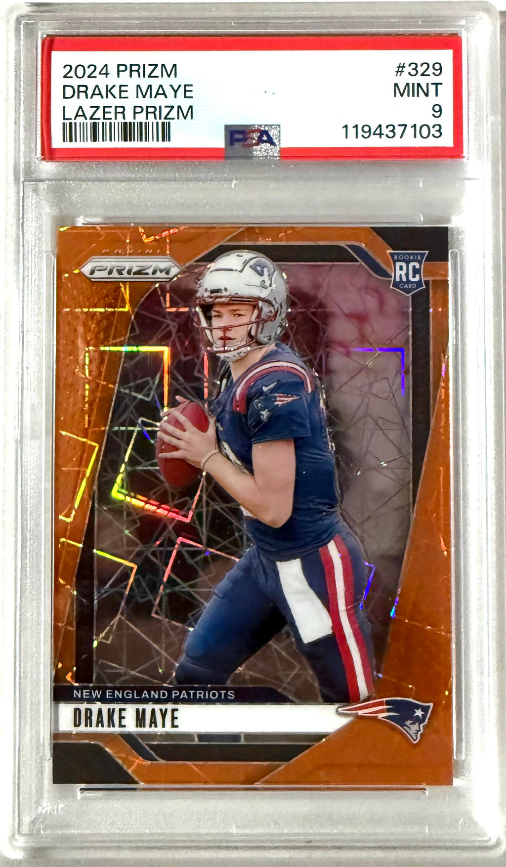 2024 Panini Orange Lazer Prizm #329 Drake Maye Rookie PSA 9