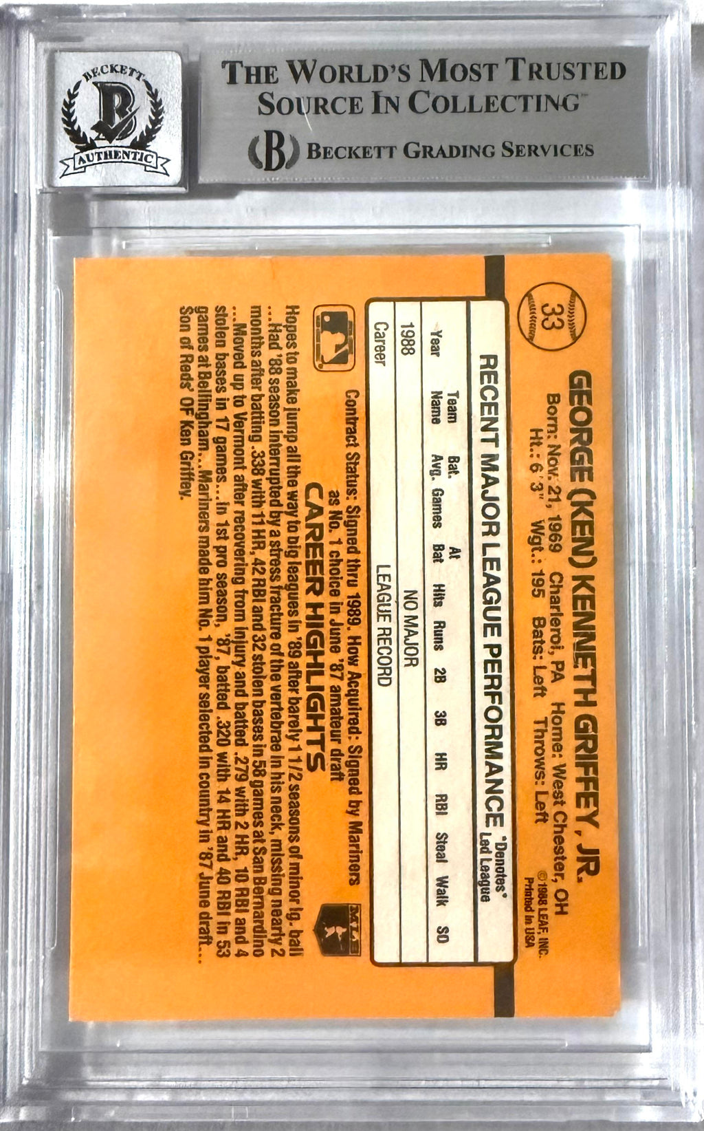 1989 Donruss Donruss #33 Ken Griffey Jr. Rookie Autograph BGS Auto 10